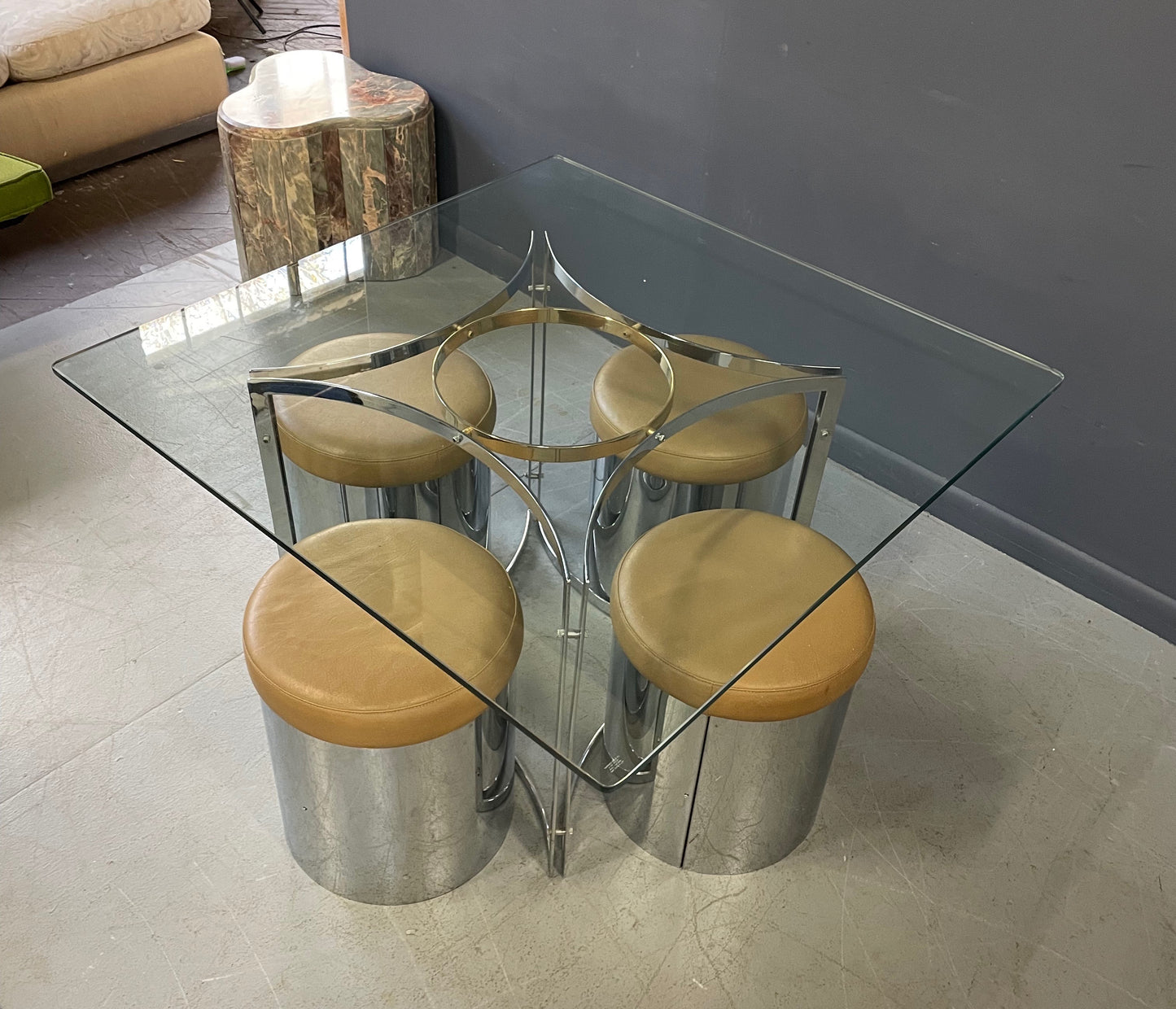SOLD – Romeo Rega Style Brass and Chrome Game Table with Four Upholstered Stools