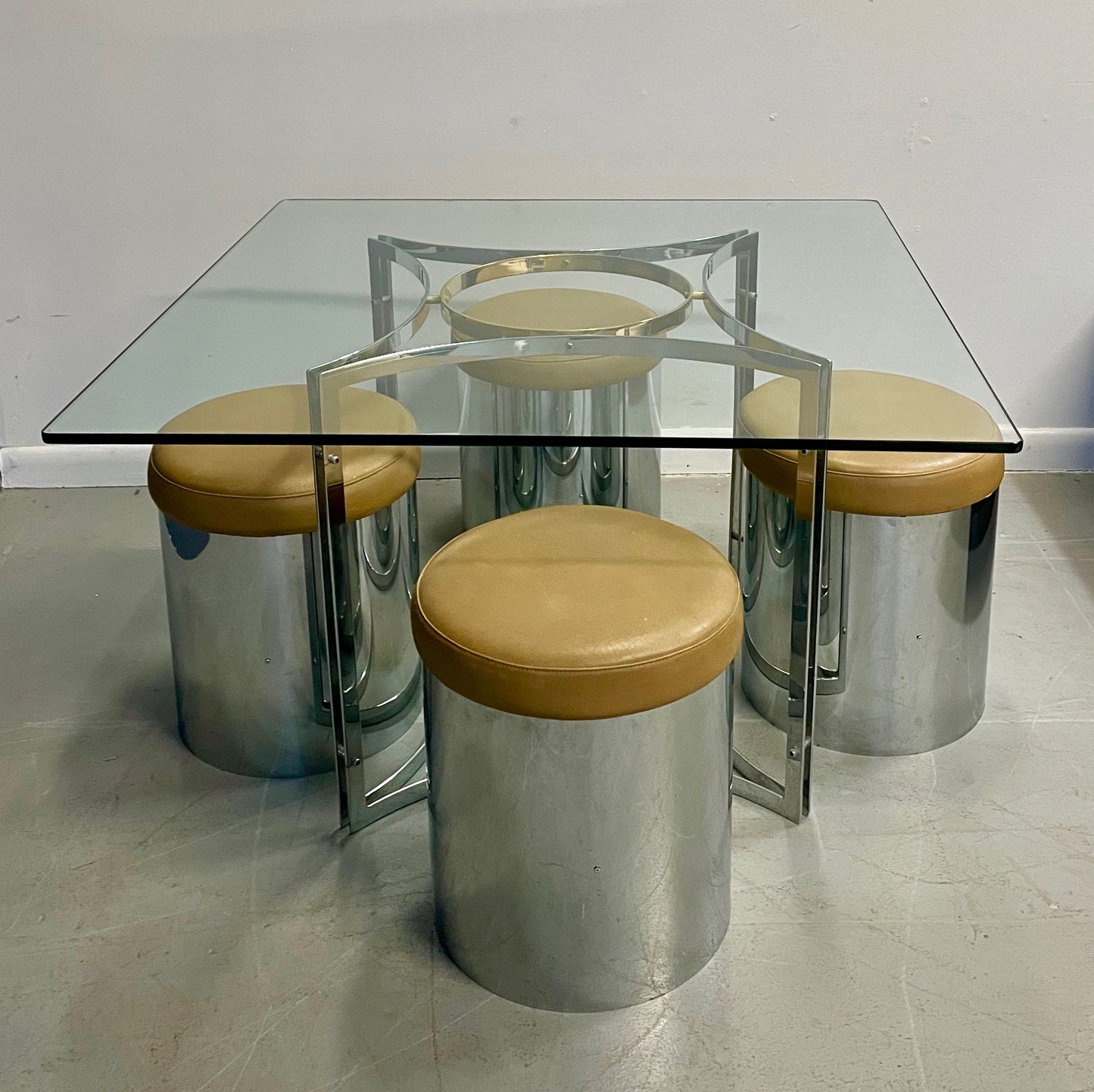 SOLD – Romeo Rega Style Brass and Chrome Game Table with Four Upholstered Stools
