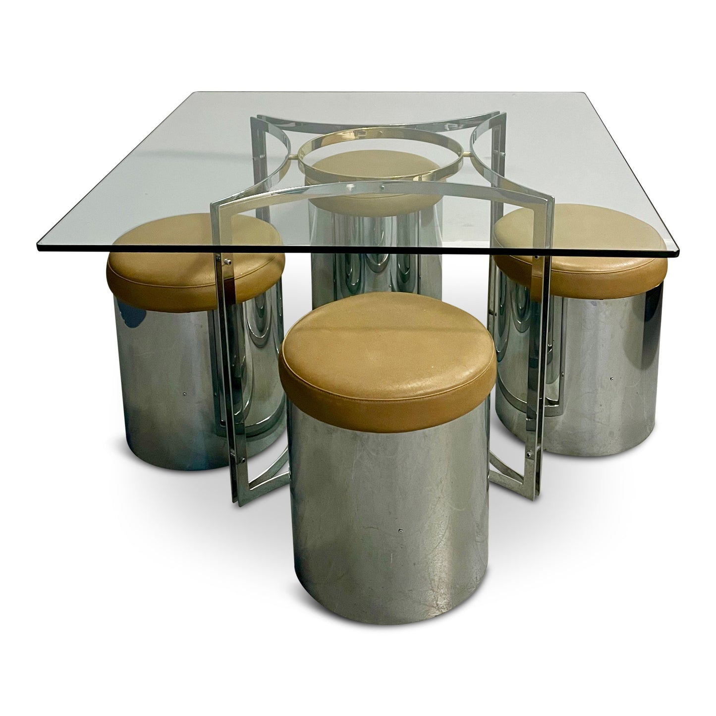 SOLD – Romeo Rega Style Brass and Chrome Game Table with Four Upholstered Stools