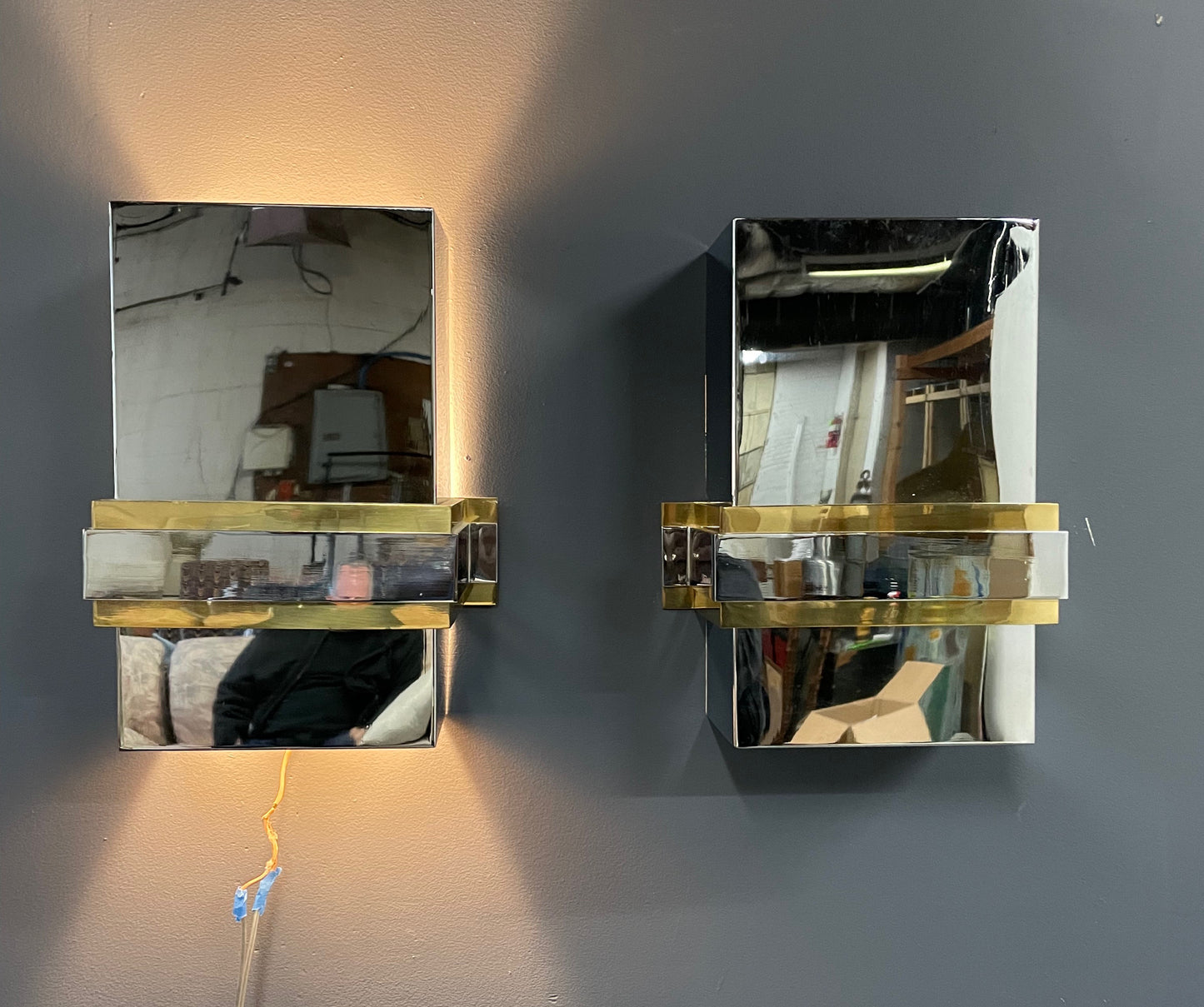 SOLD – Mid-Century Stainless Steel and Brass Sconces in the Style of Romeo Rega