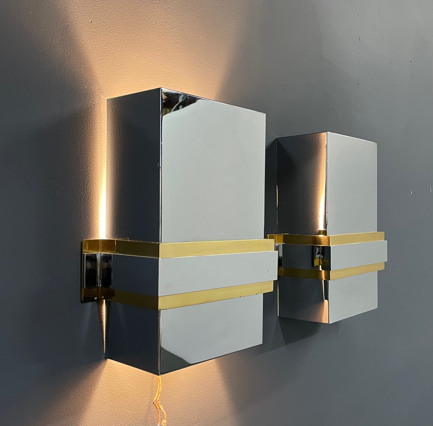 SOLD – Mid-Century Stainless Steel and Brass Sconces in the Style of Romeo Rega
