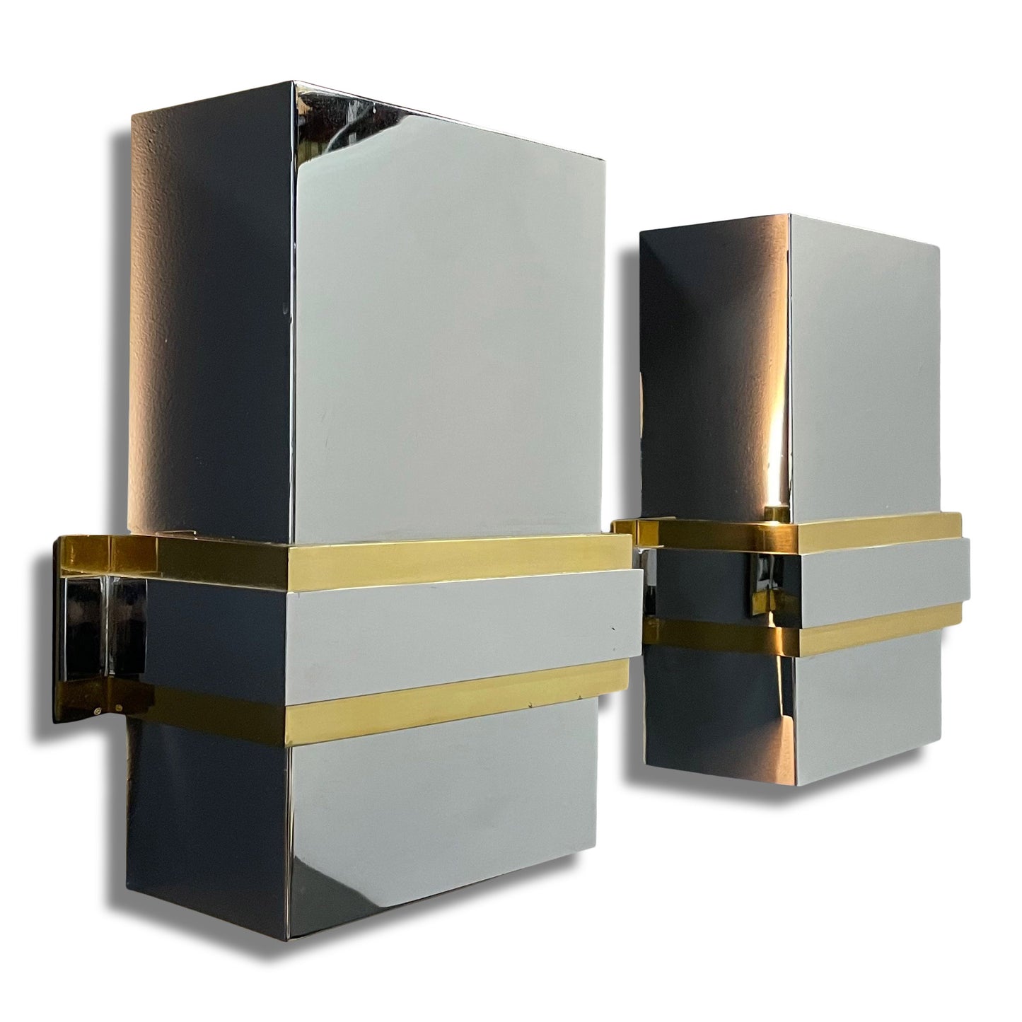 SOLD – Mid-Century Stainless Steel and Brass Sconces in the Style of Romeo Rega