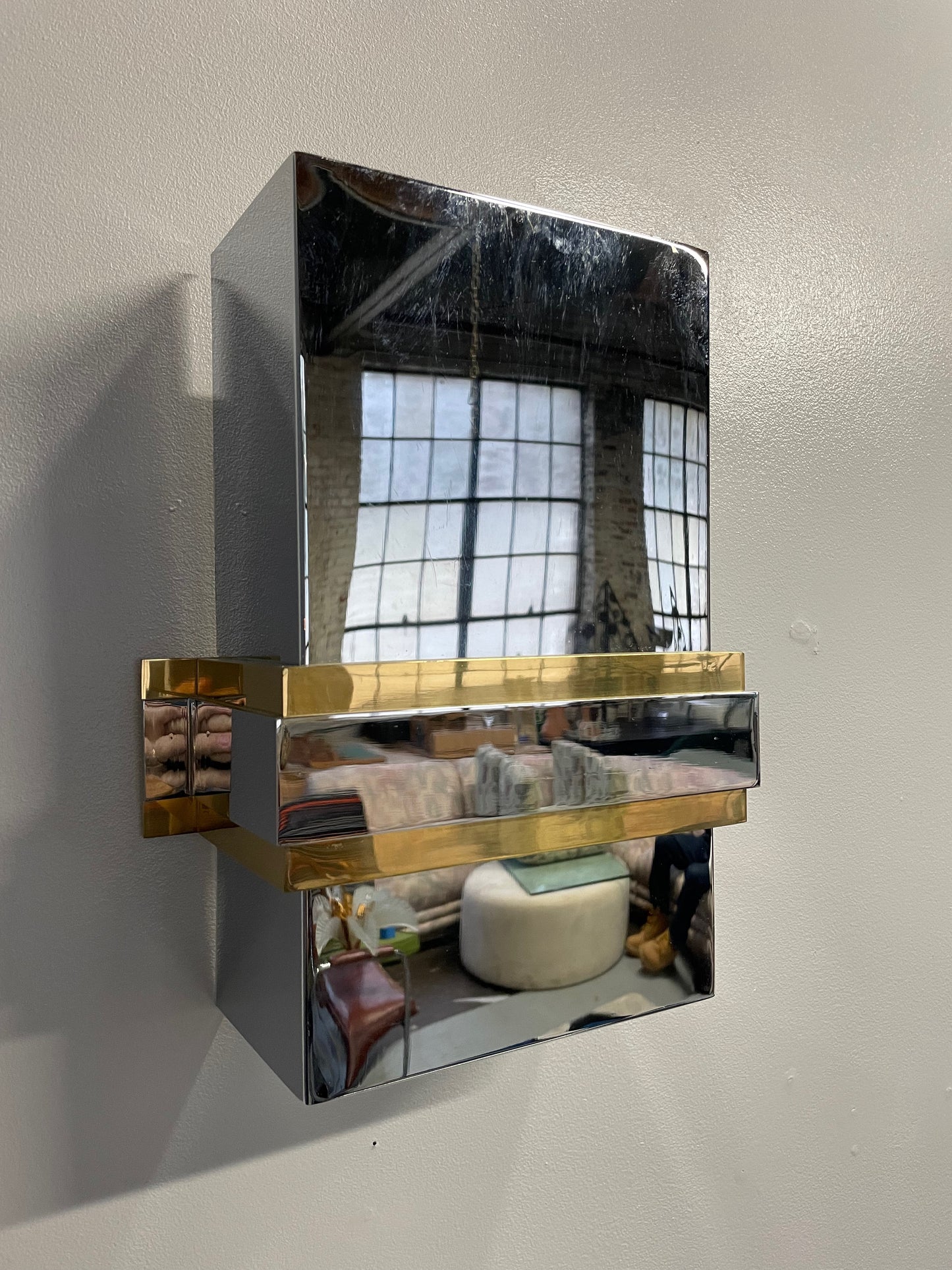SOLD – Mid-Century Stainless Steel and Brass Sconces in the Style of Romeo Rega