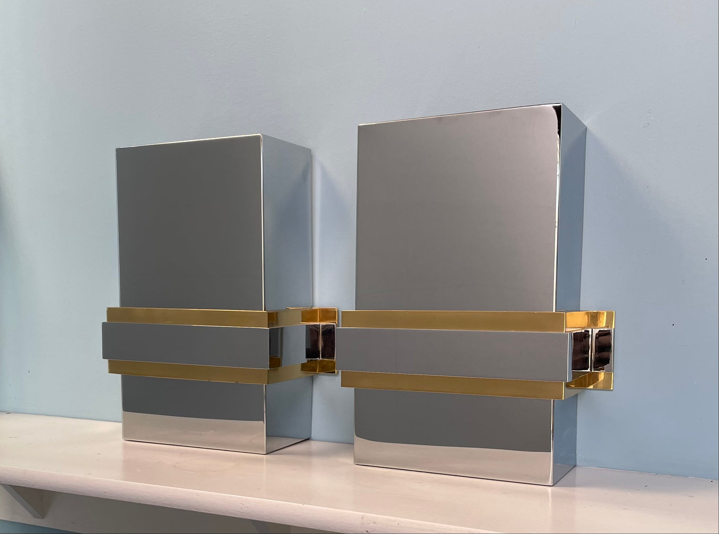 SOLD – Mid-Century Stainless Steel and Brass Sconces in the Style of Romeo Rega