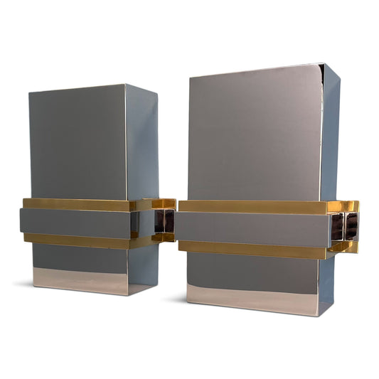 SOLD – Mid-Century Stainless Steel and Brass Sconces in the Style of Romeo Rega