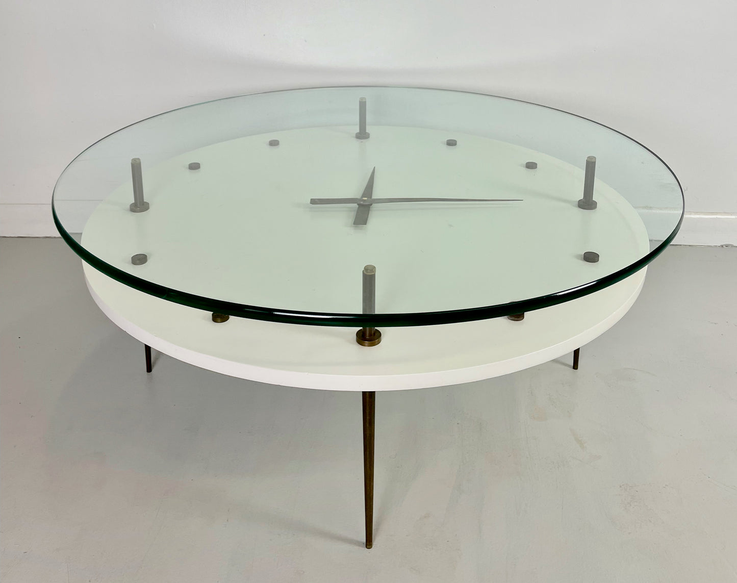 SOLD – Italian Round Clock Coffee Table in Brass and Lacquer with Glass Top Mid Century