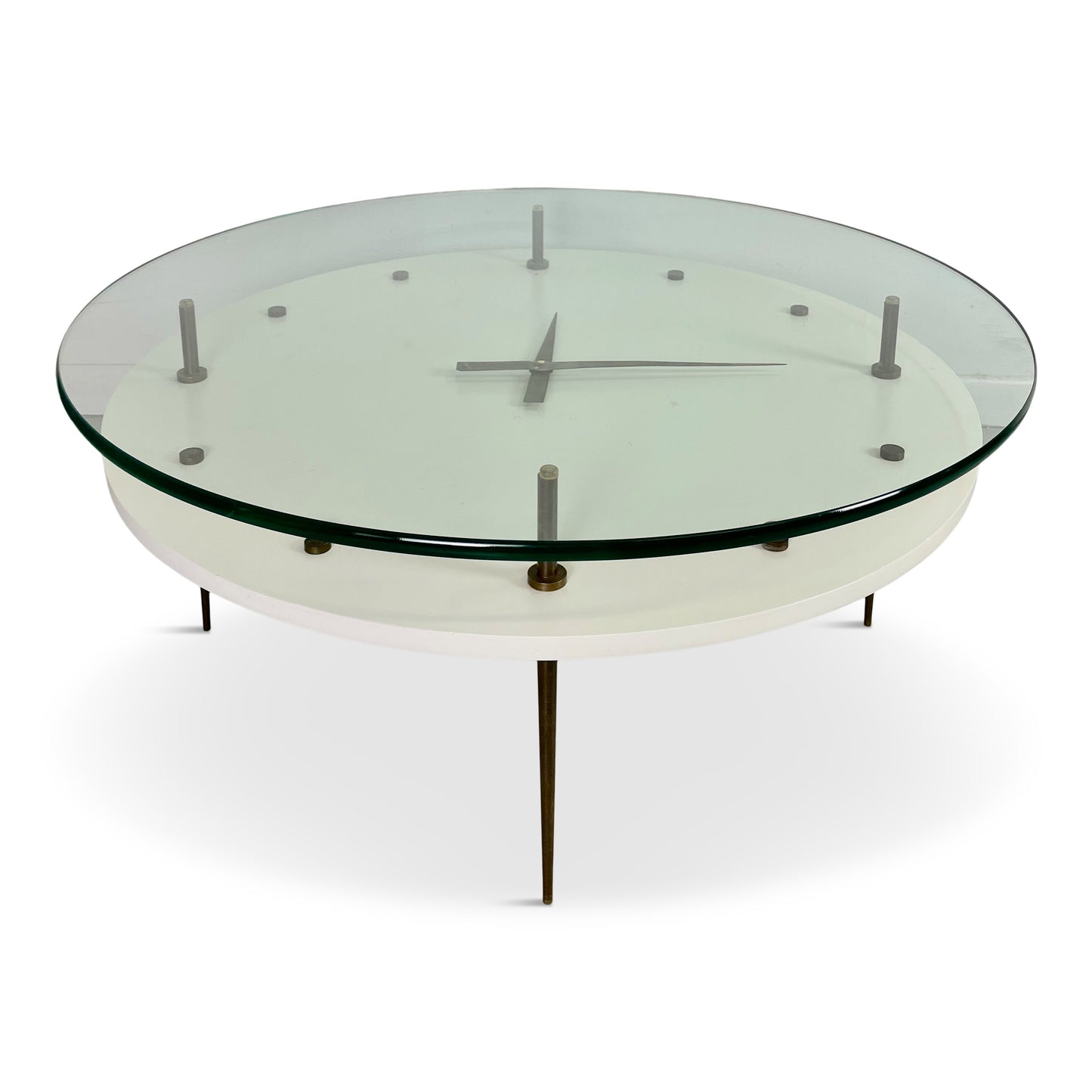 SOLD – Italian Round Clock Coffee Table in Brass and Lacquer with Glass Top Mid Century