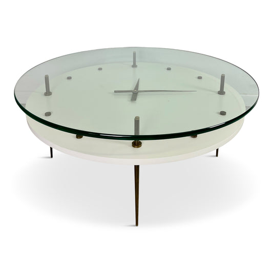 SOLD – Italian Round Clock Coffee Table in Brass and Lacquer with Glass Top Mid Century