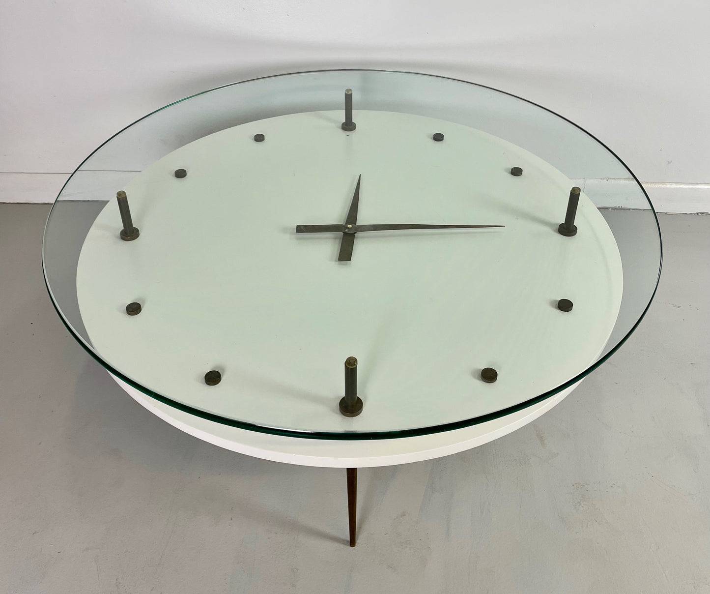 SOLD – Italian Round Clock Coffee Table in Brass and Lacquer with Glass Top Mid Century