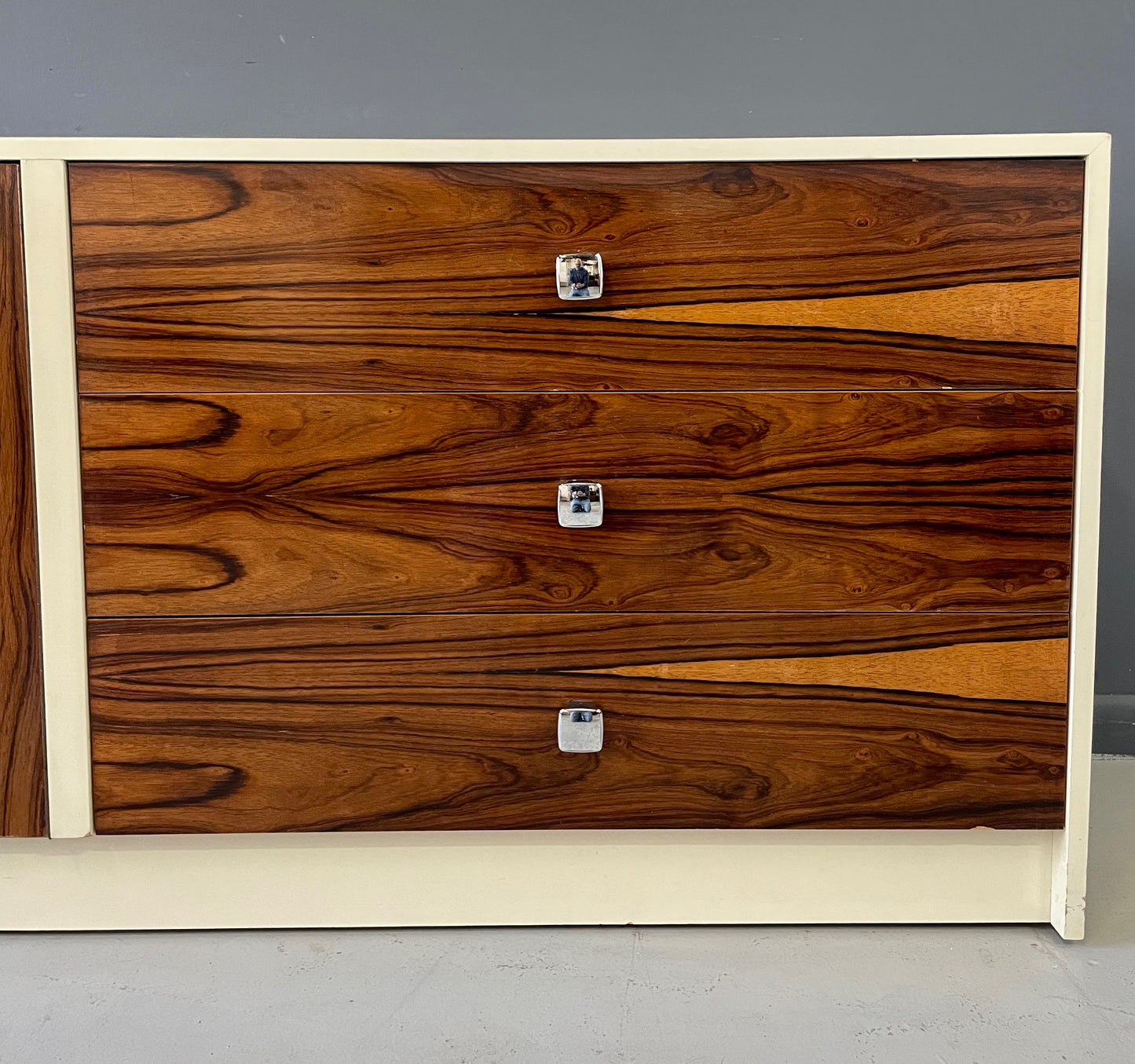 Milo Baughman Style Lacquer and Rosewood Credenza Chrome Accents Mid Century