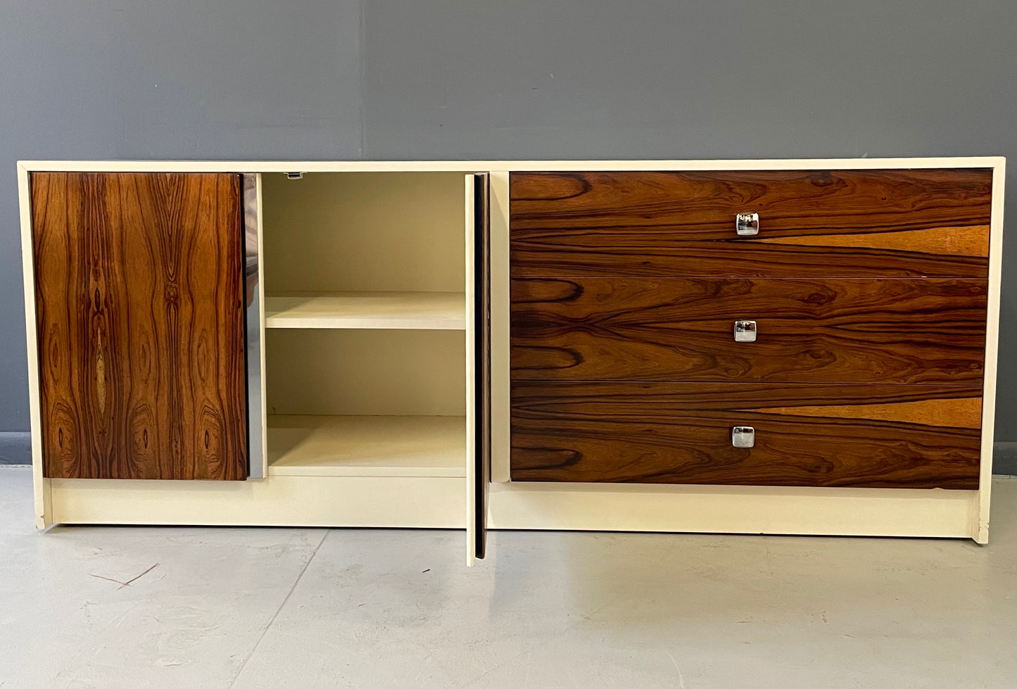 Milo Baughman Style Lacquer and Rosewood Credenza Chrome Accents Mid Century