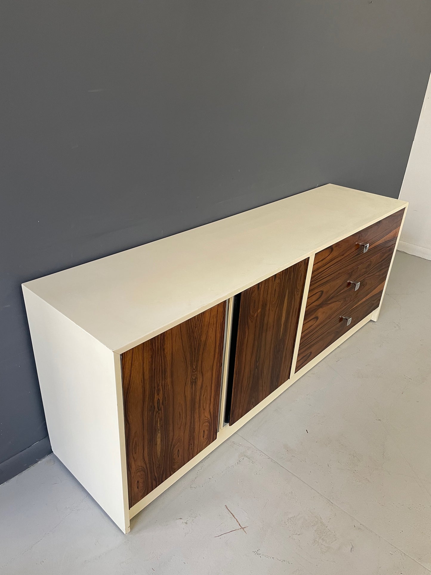 Milo Baughman Style Lacquer and Rosewood Credenza Chrome Accents Mid Century