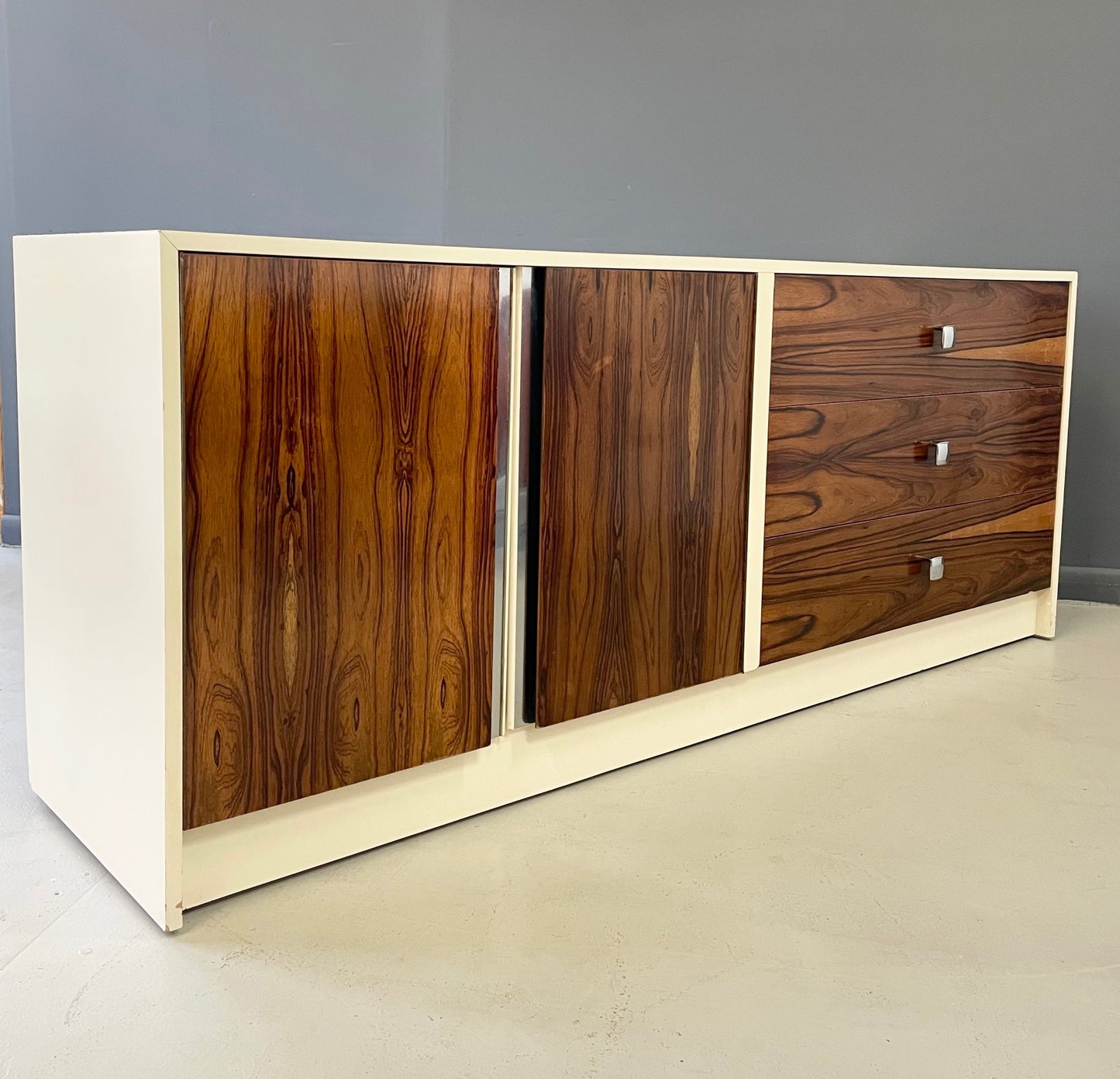 Milo Baughman Style Lacquer and Rosewood Credenza Chrome Accents Mid Century