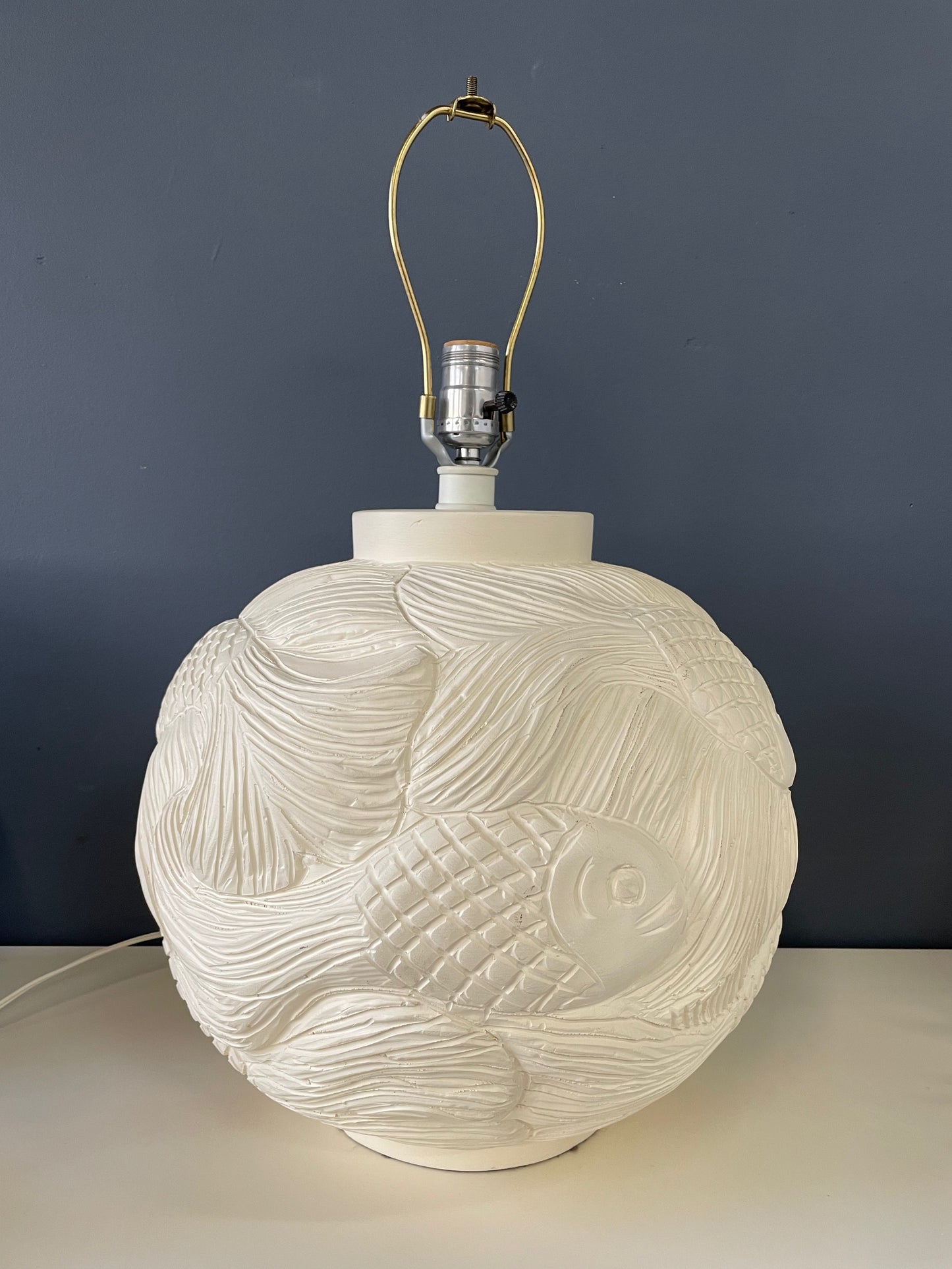 Ceramic Incised Bulbous Table Lamp with Japanese Swimming Fish Motif Mid Century