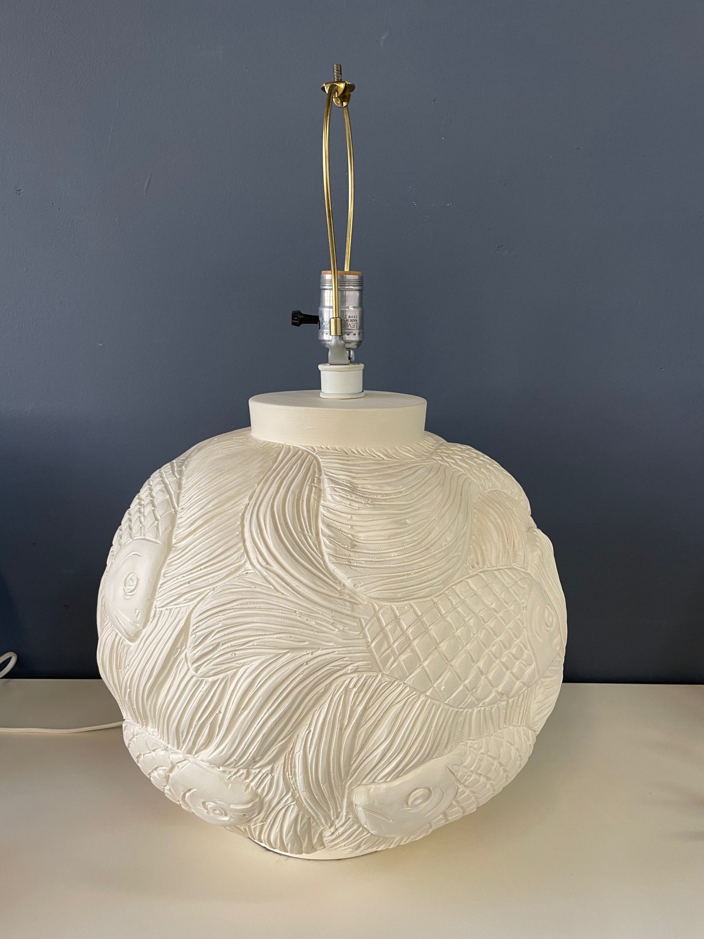 Ceramic Incised Bulbous Table Lamp with Japanese Swimming Fish Motif Mid Century