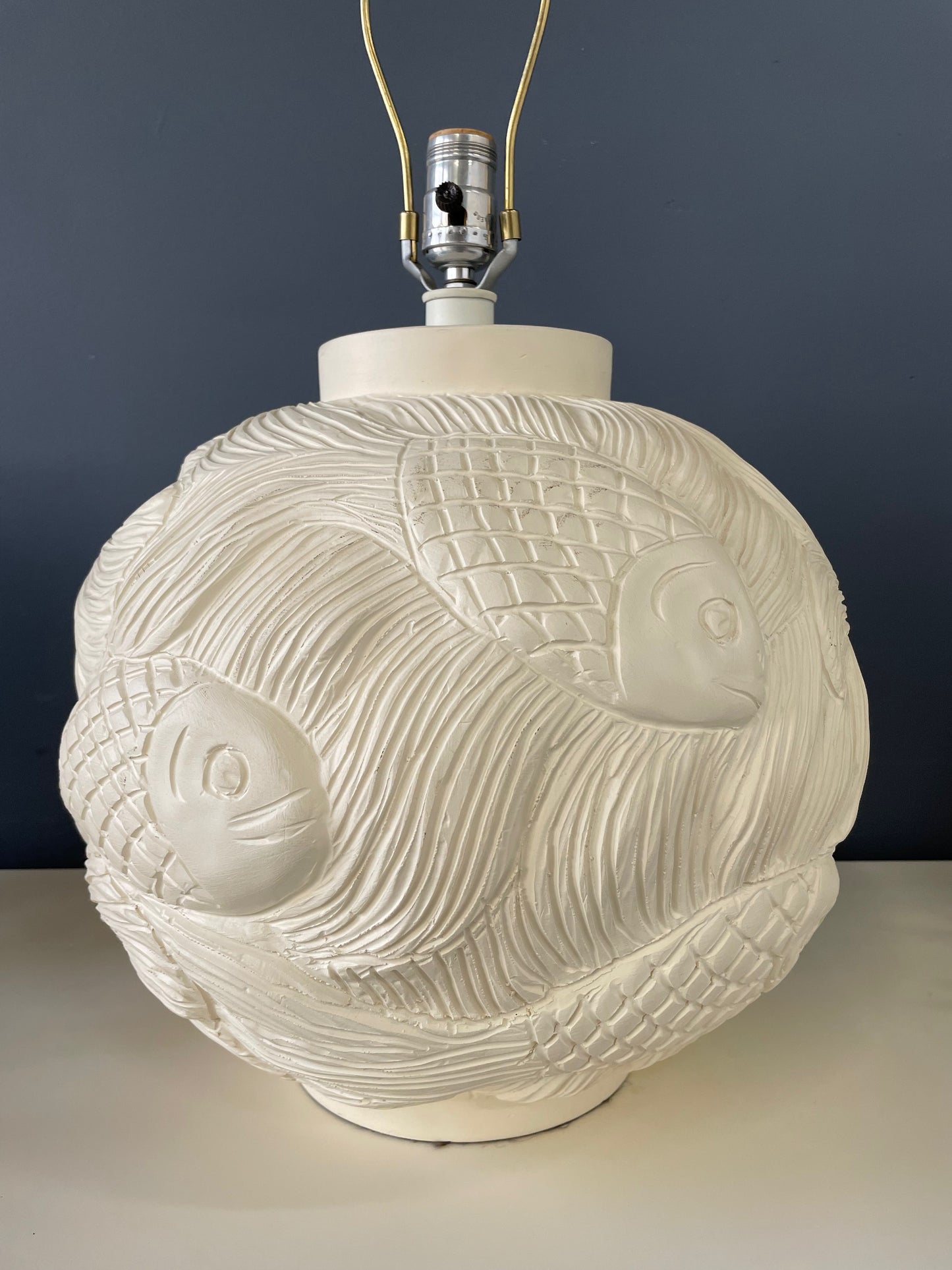 Ceramic Incised Bulbous Table Lamp with Japanese Swimming Fish Motif Mid Century