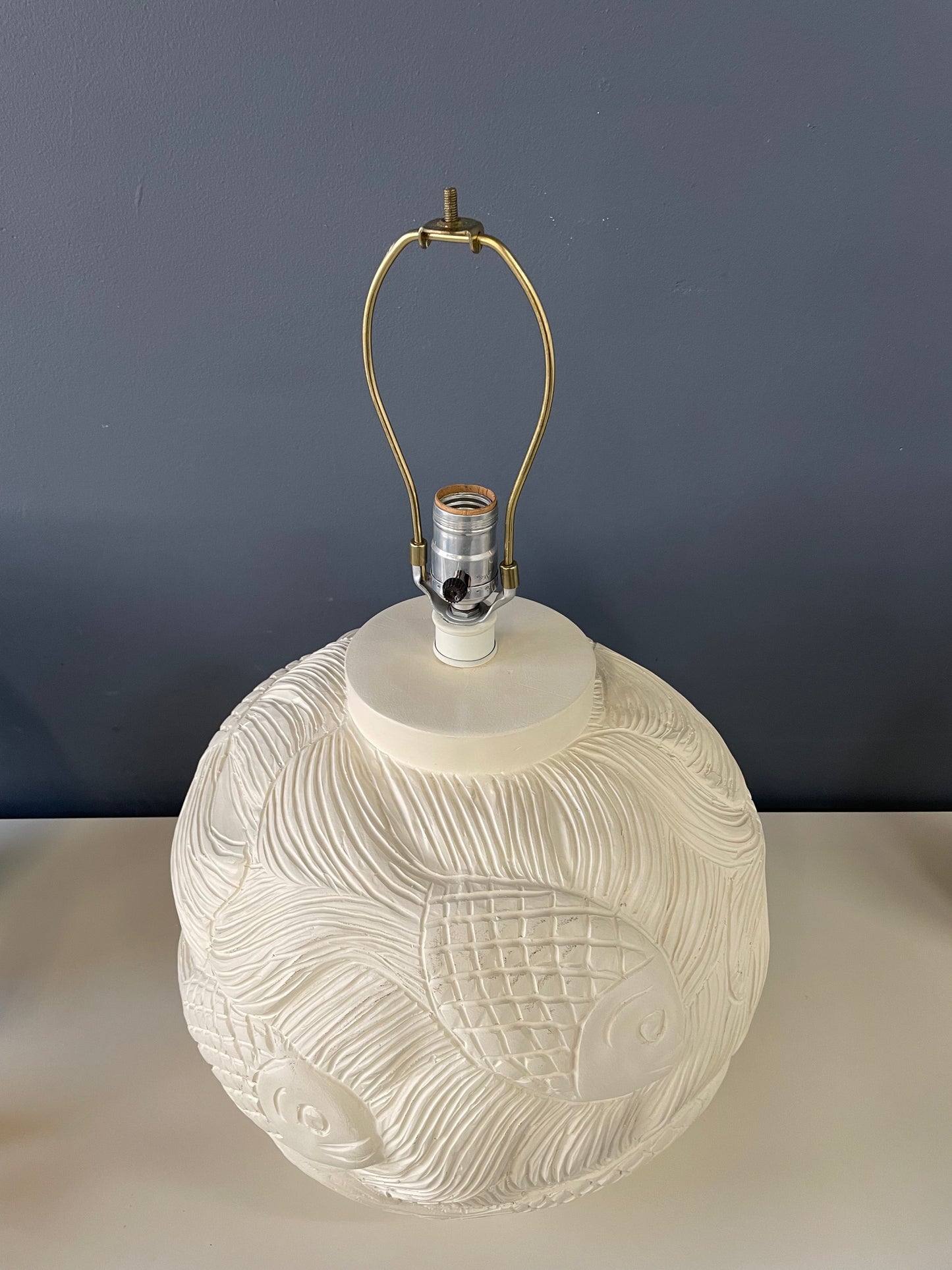 Ceramic Incised Bulbous Table Lamp with Japanese Swimming Fish Motif Mid Century