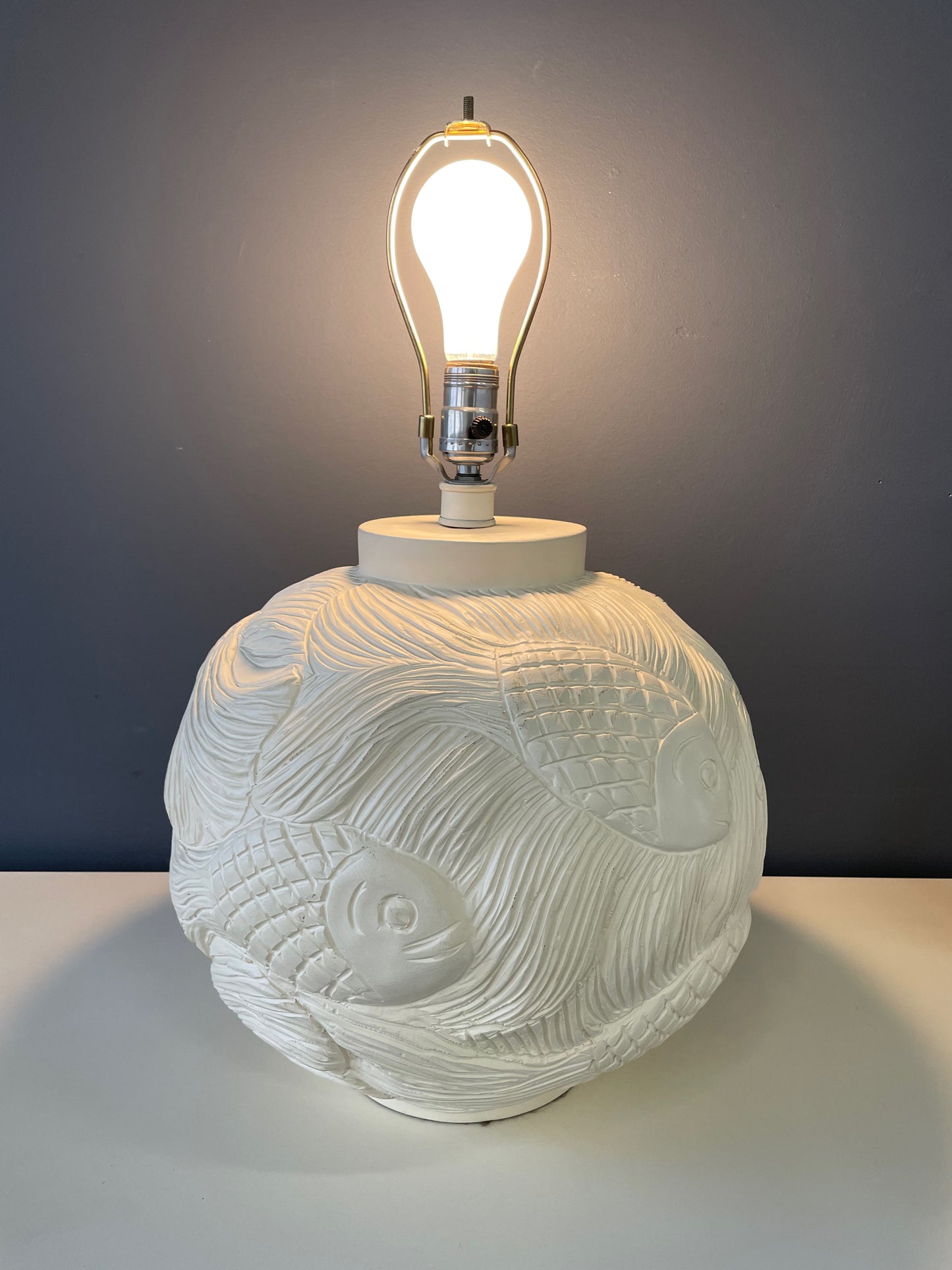 Ceramic Incised Bulbous Table Lamp with Japanese Swimming Fish Motif Mid Century
