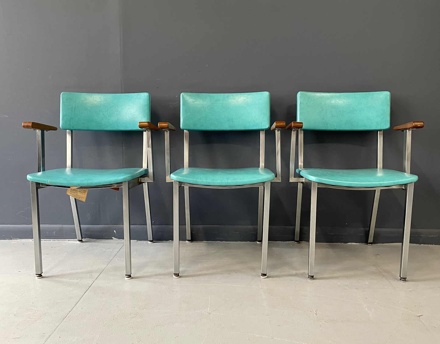 SOLD – Trio of Mid Century Aluminum and Walnut Upholstered Chairs by Howell
