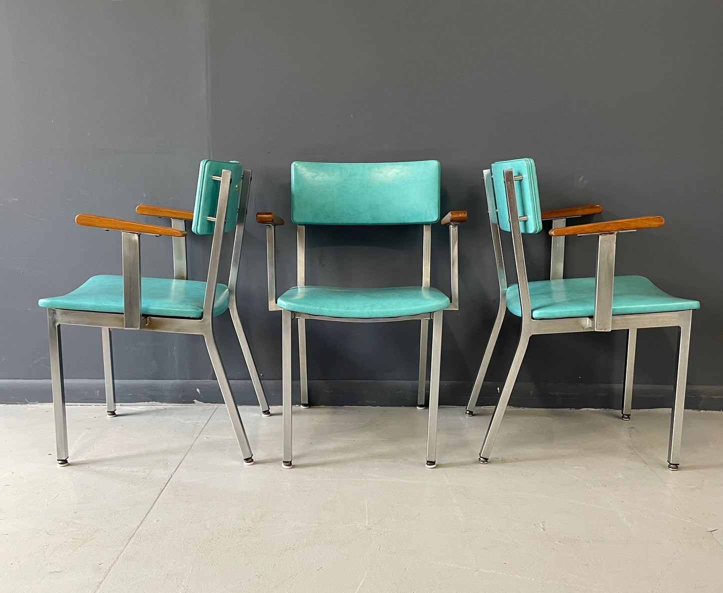 SOLD – Trio of Mid Century Aluminum and Walnut Upholstered Chairs by Howell