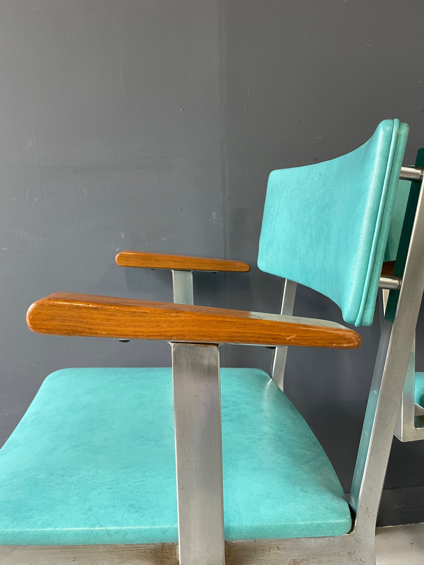 SOLD – Trio of Mid Century Aluminum and Walnut Upholstered Chairs by Howell