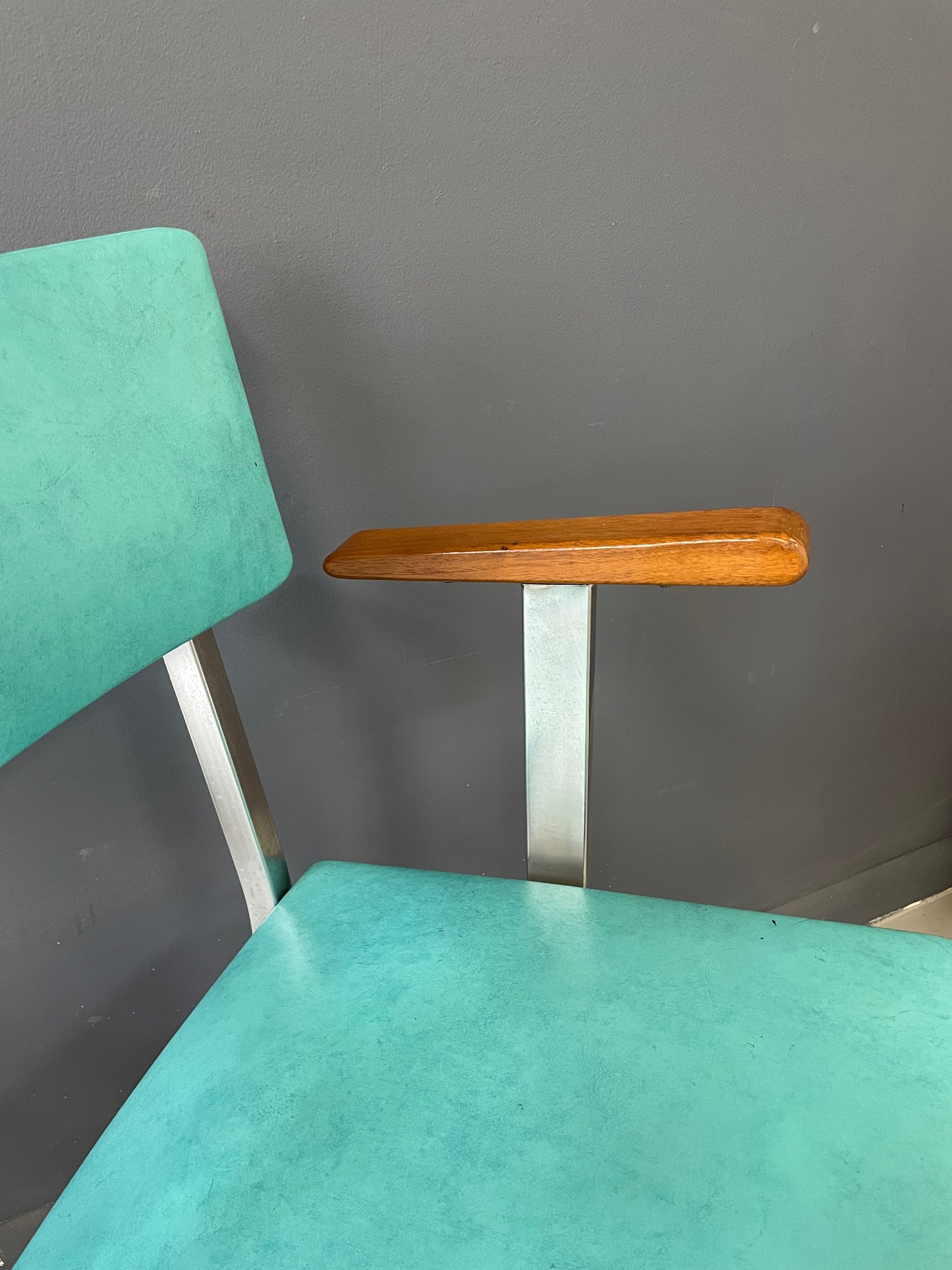 SOLD – Trio of Mid Century Aluminum and Walnut Upholstered Chairs by Howell