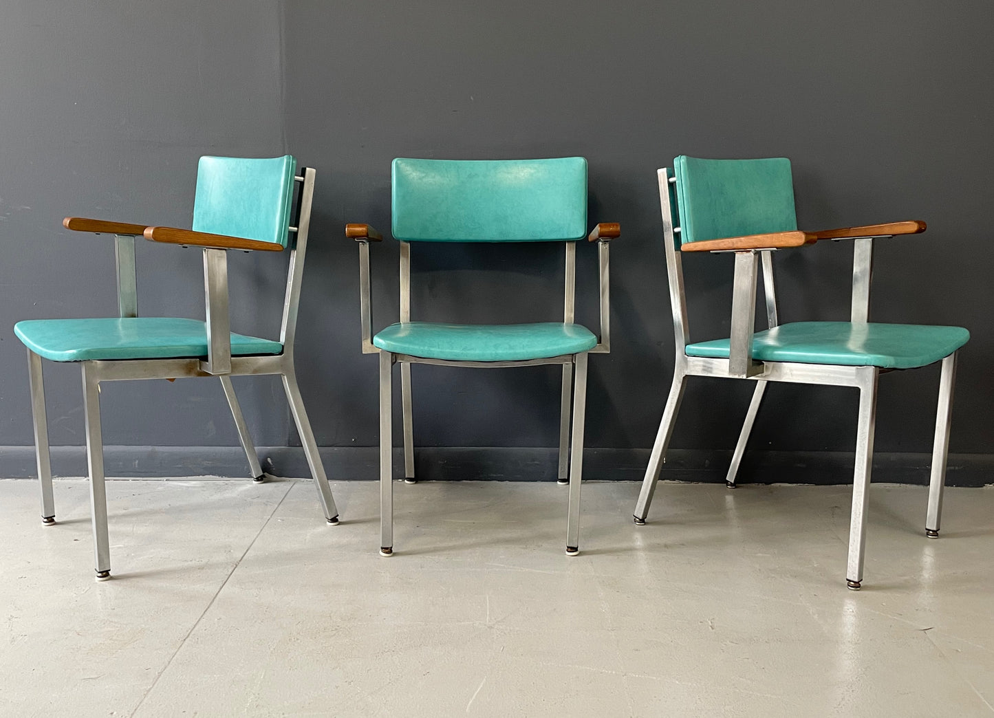 SOLD – Trio of Mid Century Aluminum and Walnut Upholstered Chairs by Howell