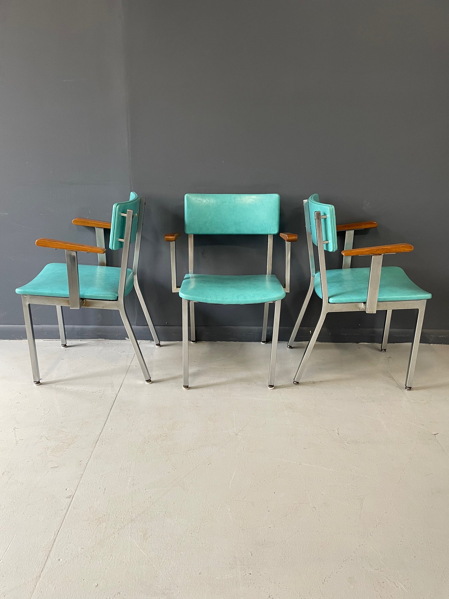 SOLD – Trio of Mid Century Aluminum and Walnut Upholstered Chairs by Howell