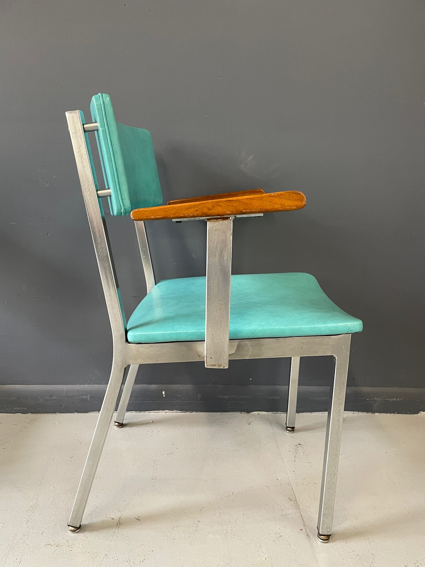 SOLD – Trio of Mid Century Aluminum and Walnut Upholstered Chairs by Howell