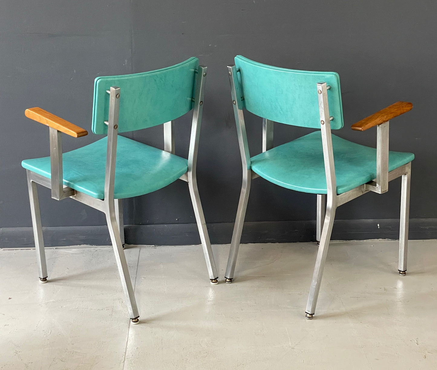 SOLD – Trio of Mid Century Aluminum and Walnut Upholstered Chairs by Howell