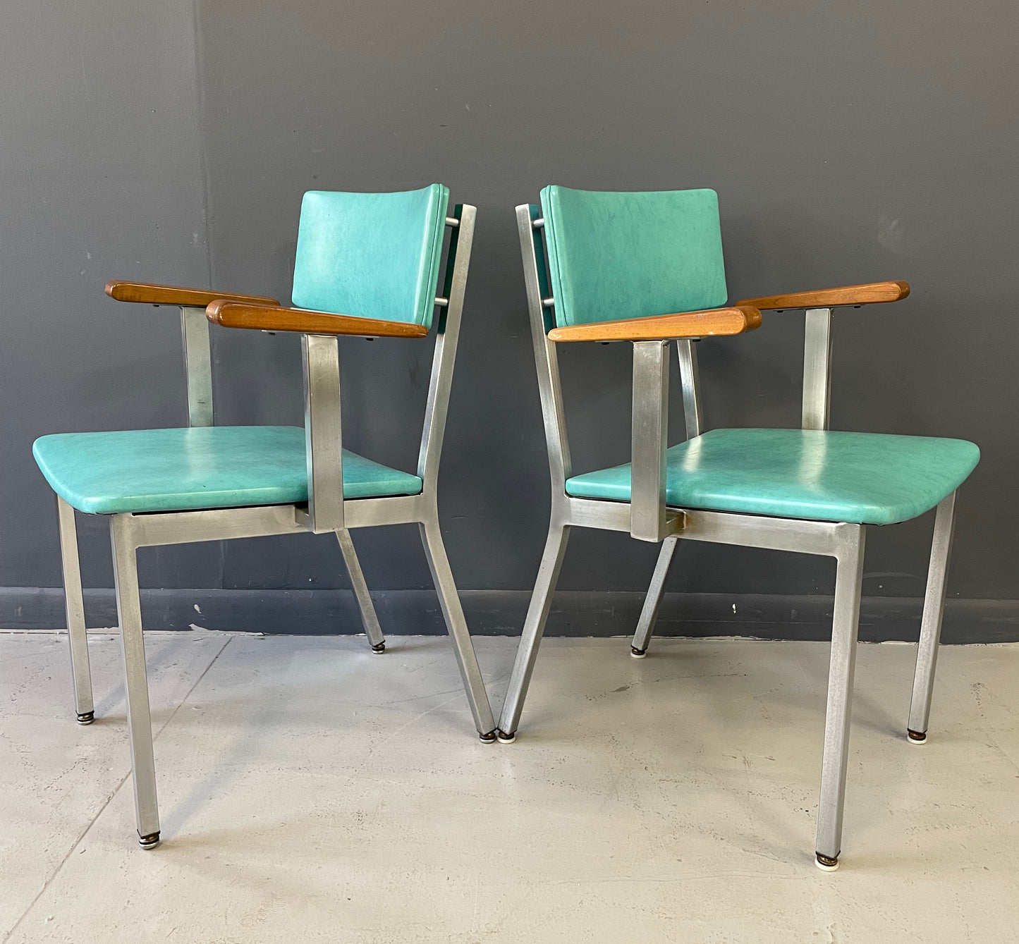 SOLD – Trio of Mid Century Aluminum and Walnut Upholstered Chairs by Howell