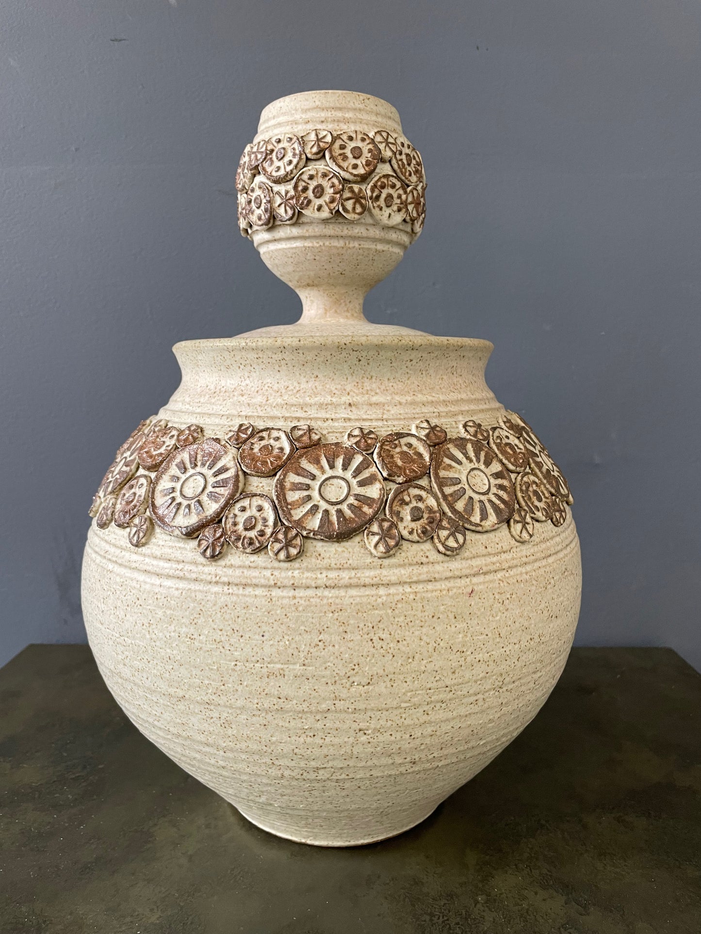 Wishon-Harrell Studio Art Pottery Ceramic Lidded Vase with Appliqué Decoration