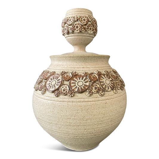 Wishon-Harrell Studio Art Pottery Ceramic Lidded Vase with Appliqué Decoration