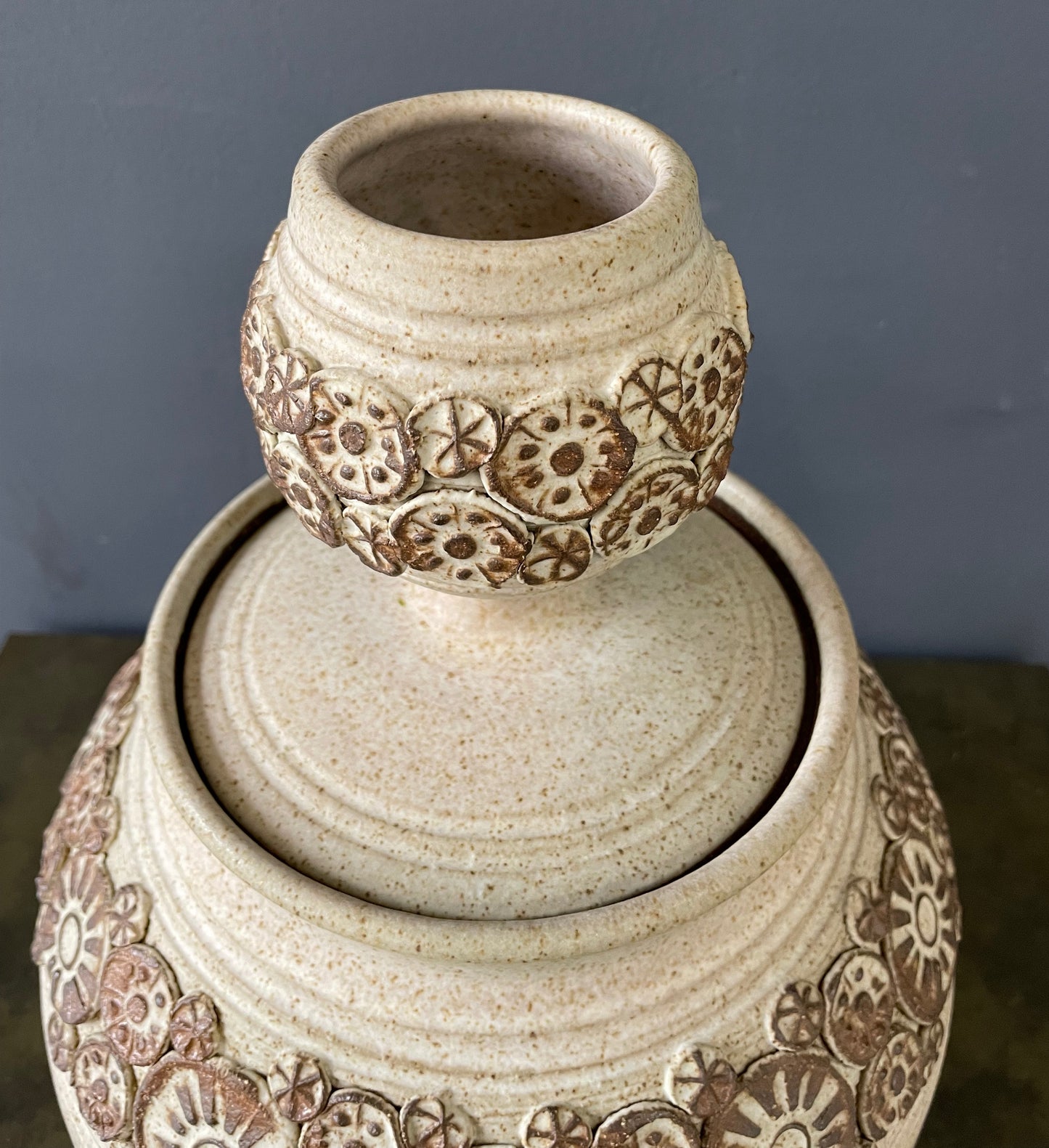 Wishon-Harrell Studio Art Pottery Ceramic Lidded Vase with Appliqué Decoration