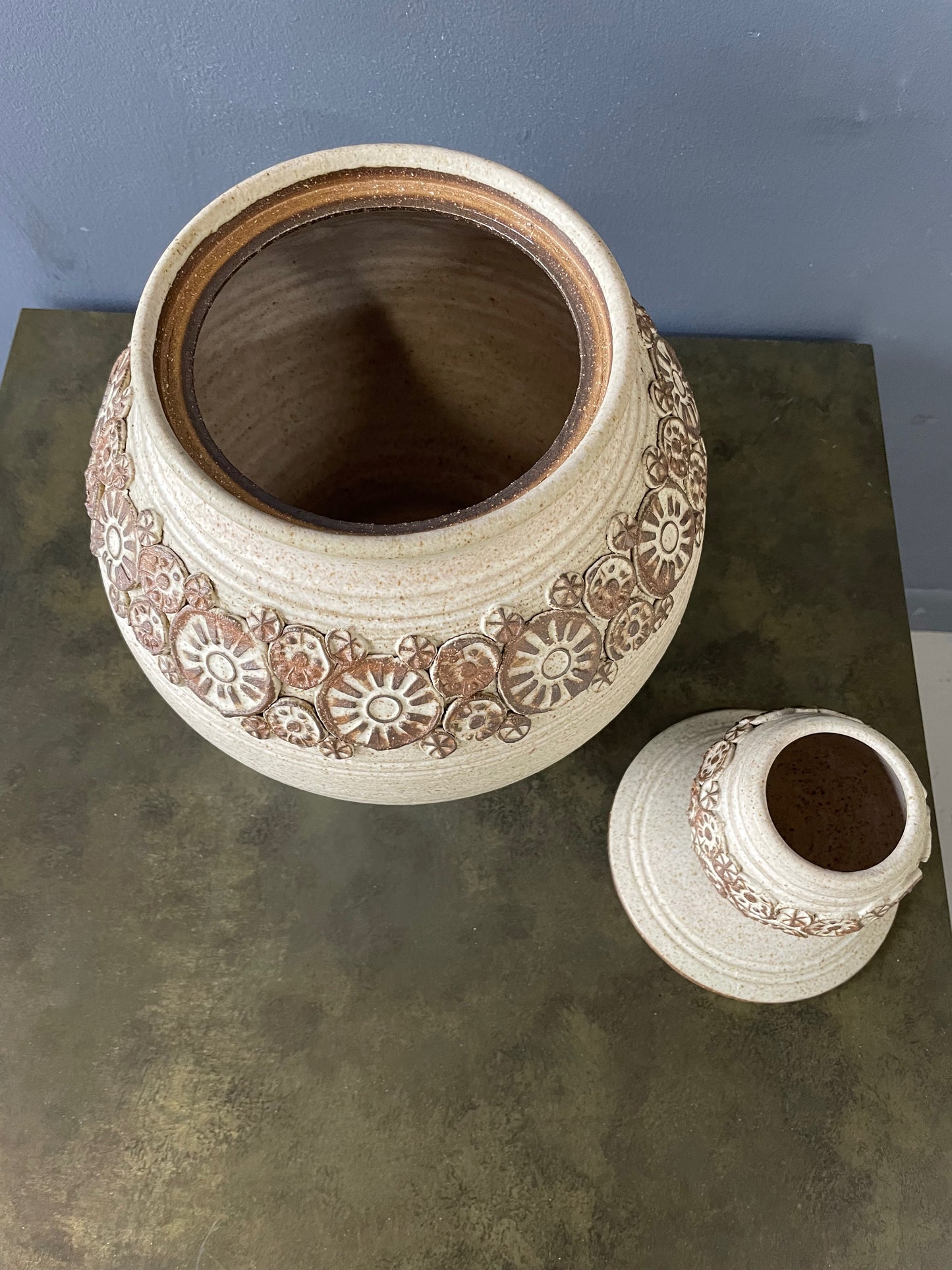 Wishon-Harrell Studio Art Pottery Ceramic Lidded Vase with Appliqué Decoration