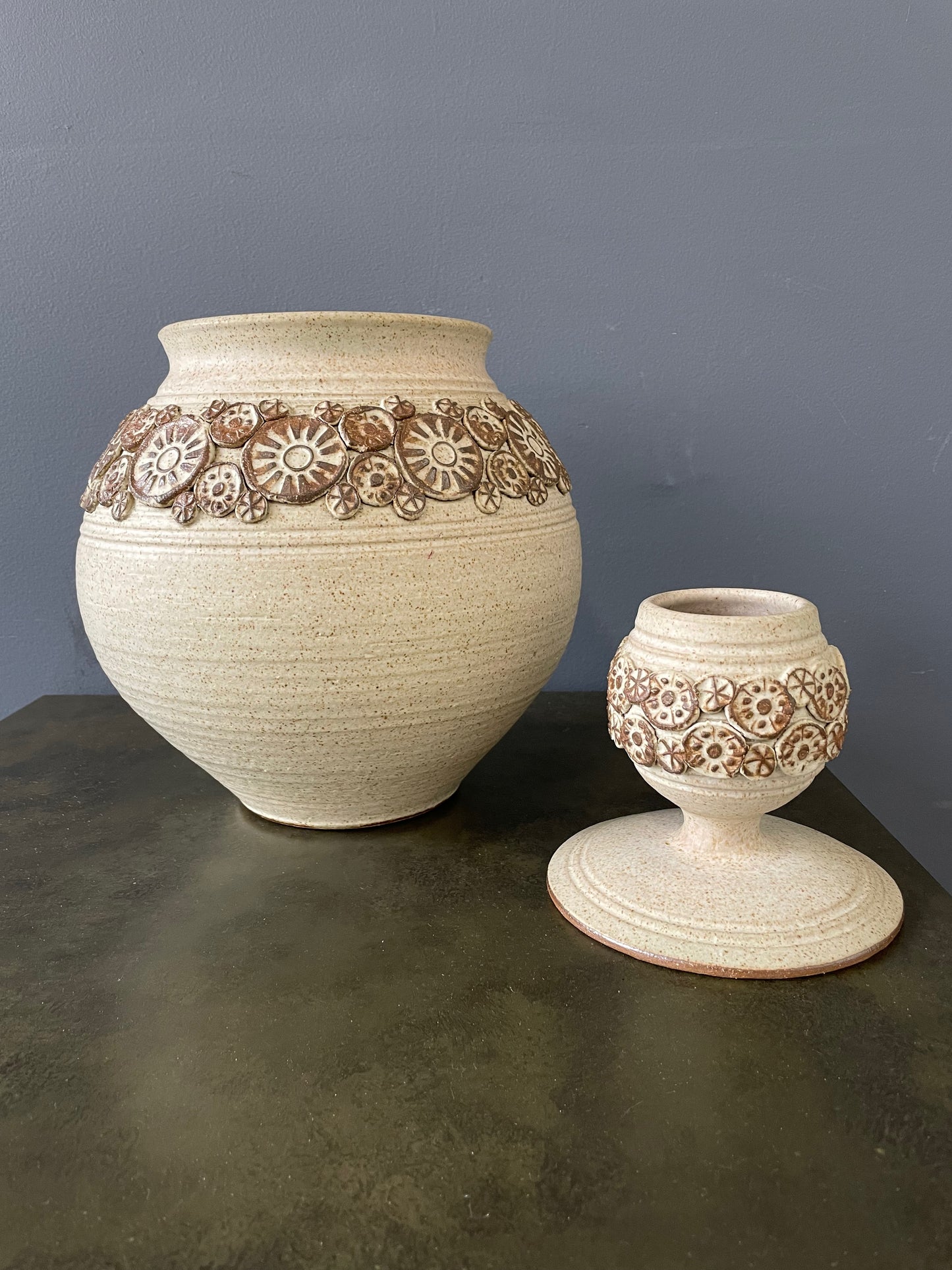 Wishon-Harrell Studio Art Pottery Ceramic Lidded Vase with Appliqué Decoration