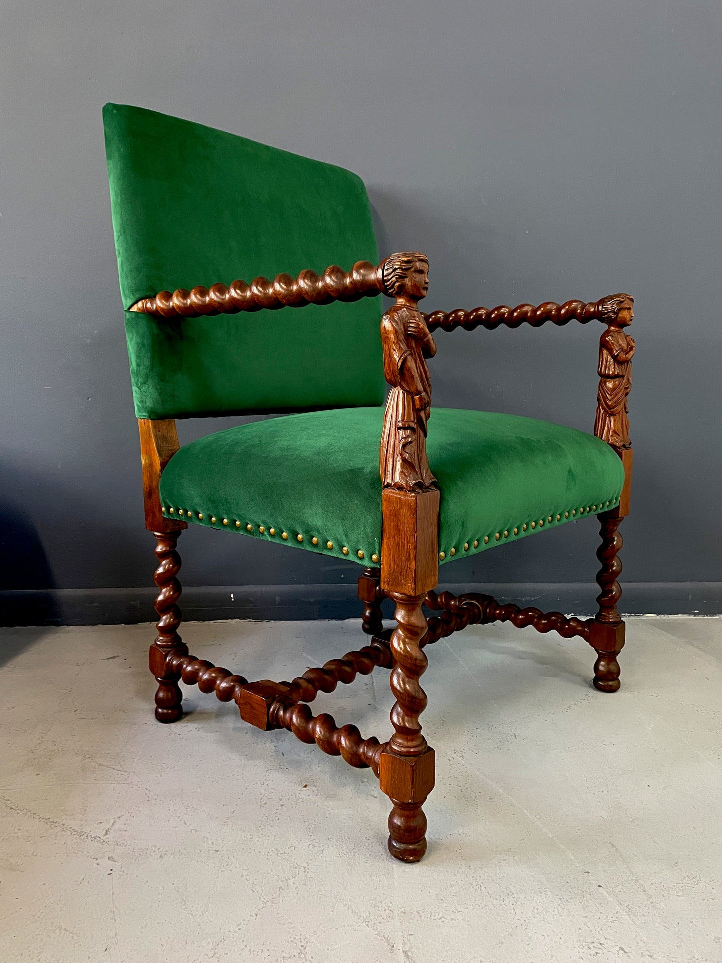SOLD – Jacobean Barley Twist Oak Armchair with Figural Arms Upholstered in Green Velvet