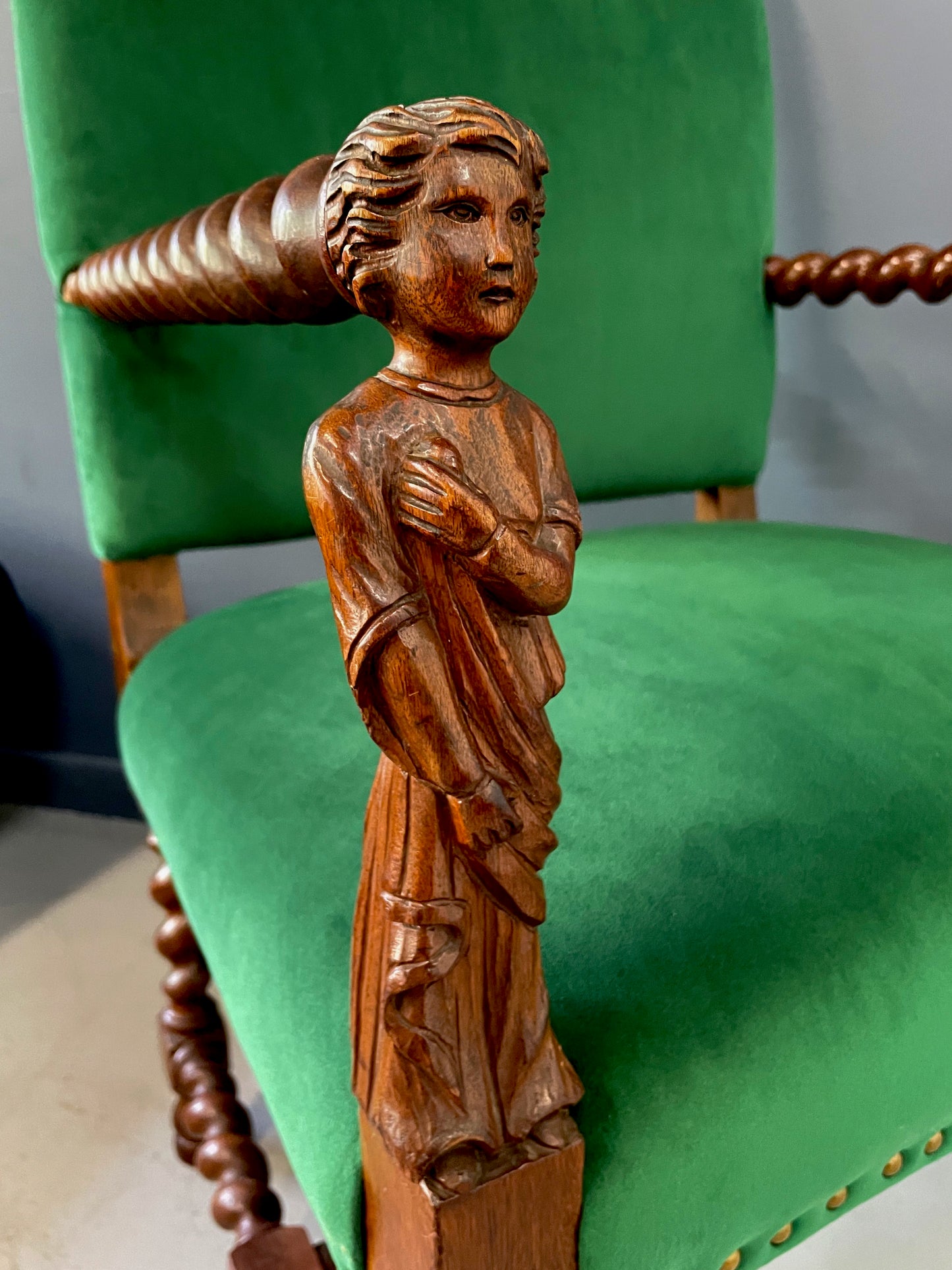 SOLD – Jacobean Barley Twist Oak Armchair with Figural Arms Upholstered in Green Velvet
