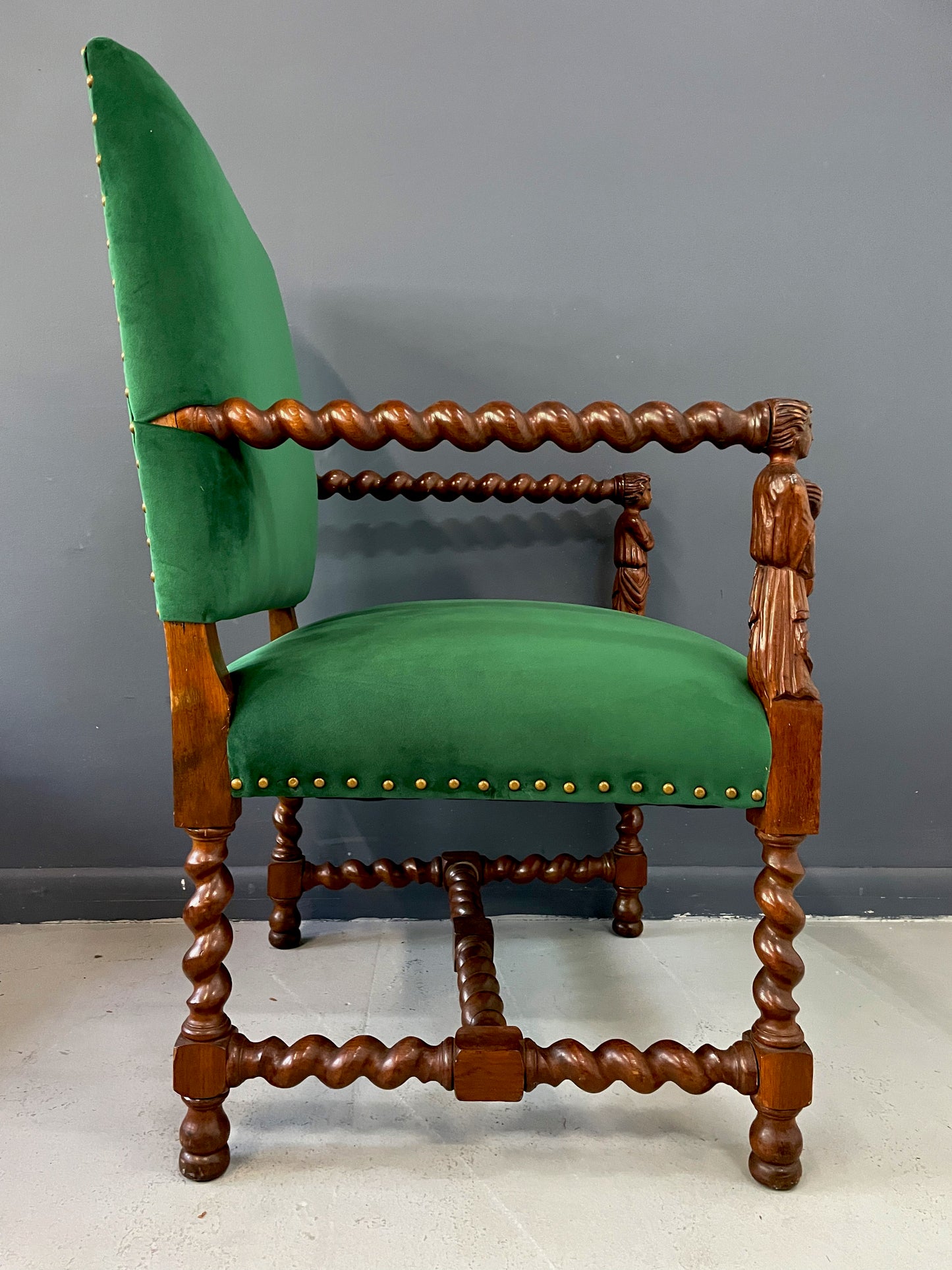 SOLD – Jacobean Barley Twist Oak Armchair with Figural Arms Upholstered in Green Velvet