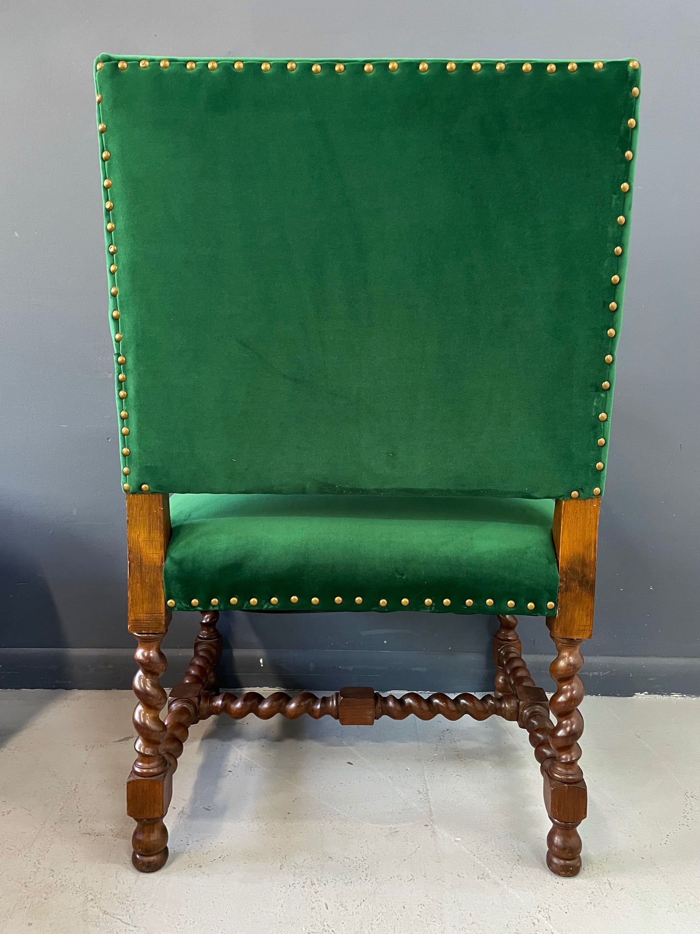 SOLD – Jacobean Barley Twist Oak Armchair with Figural Arms Upholstered in Green Velvet