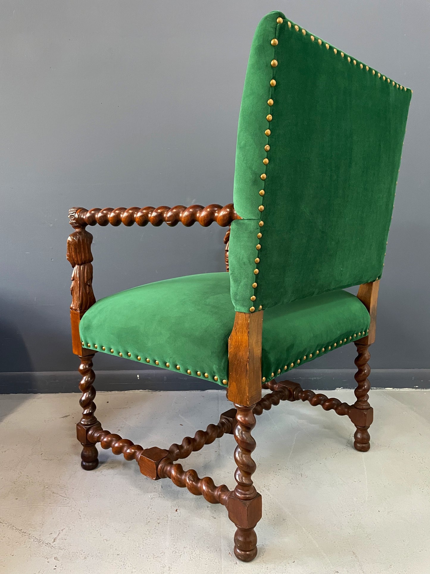 SOLD – Jacobean Barley Twist Oak Armchair with Figural Arms Upholstered in Green Velvet