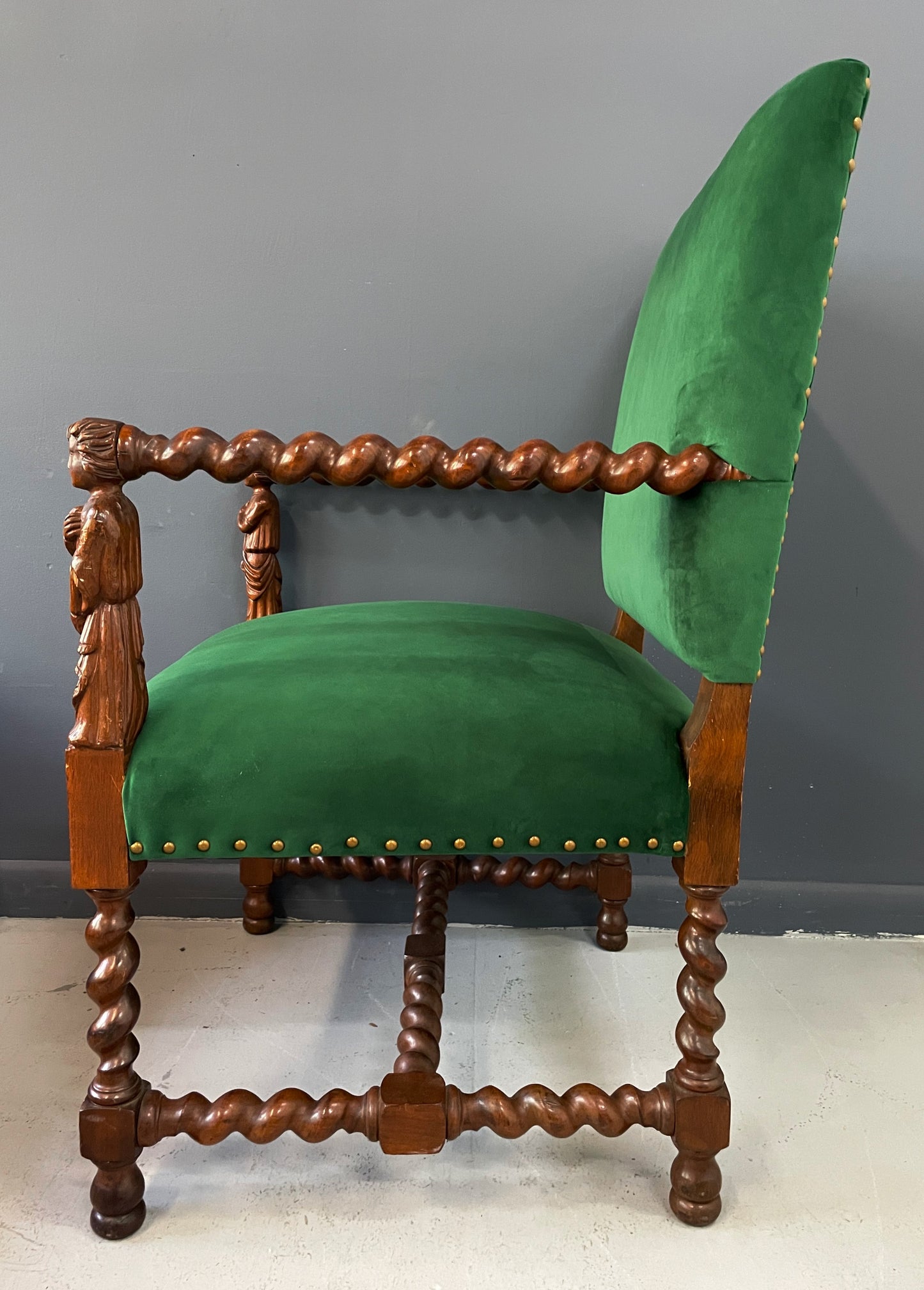 SOLD – Jacobean Barley Twist Oak Armchair with Figural Arms Upholstered in Green Velvet