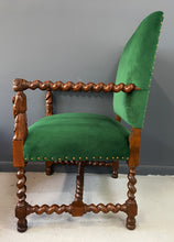 Load image into Gallery viewer, Jacobean Barley Twist Oak Armchair with Figural Arms Upholstered in Green Velvet