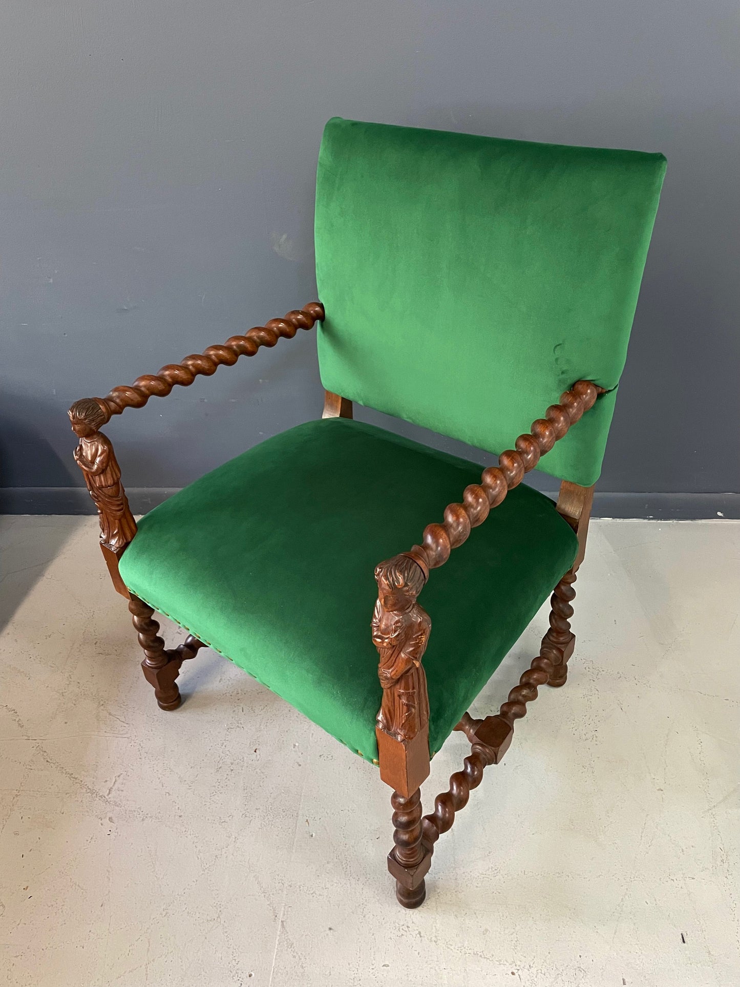 SOLD – Jacobean Barley Twist Oak Armchair with Figural Arms Upholstered in Green Velvet