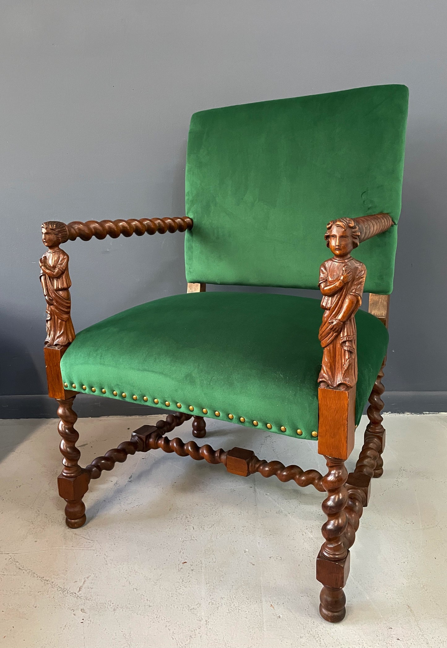 SOLD – Jacobean Barley Twist Oak Armchair with Figural Arms Upholstered in Green Velvet