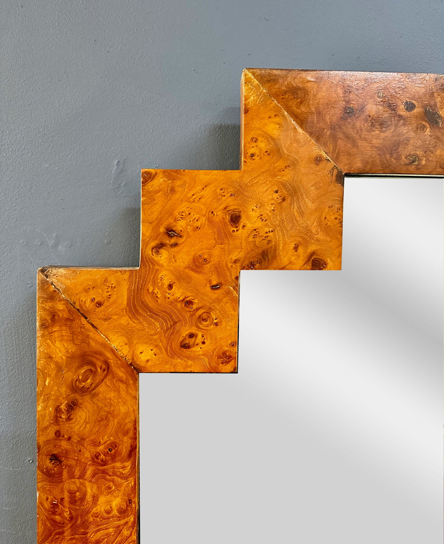 SOLD – Burled Elmwood Geometric Mirror Italian by LaBarge