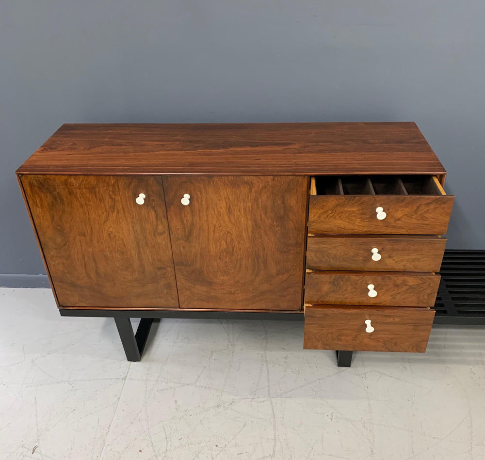 SOLD – George Nelson Rosewood Thin Edge Cabinet on Original Slat Bench Mid-Century
