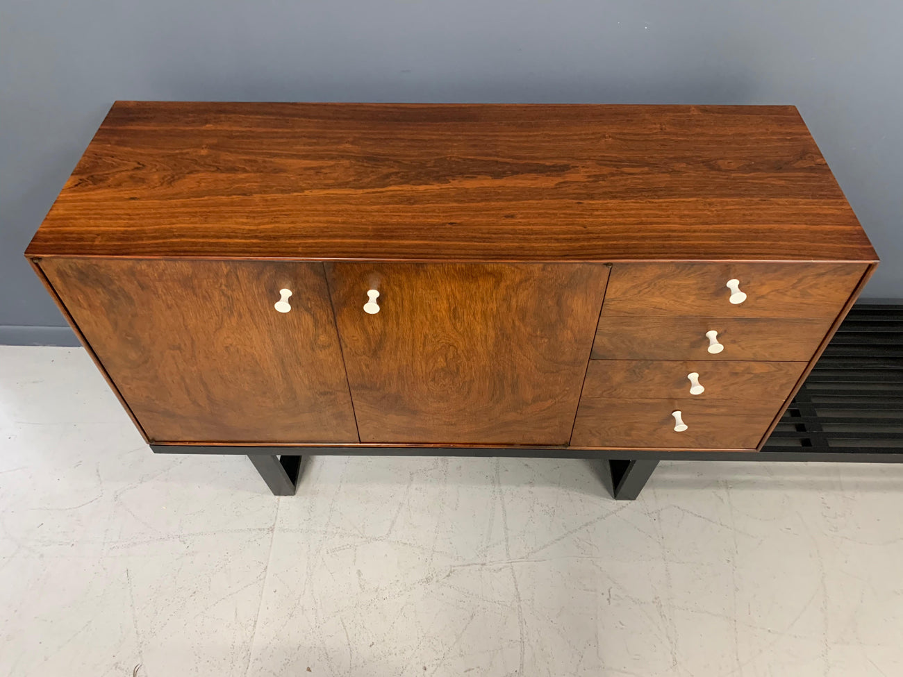SOLD – George Nelson Rosewood Thin Edge Cabinet on Original Slat Bench Mid-Century