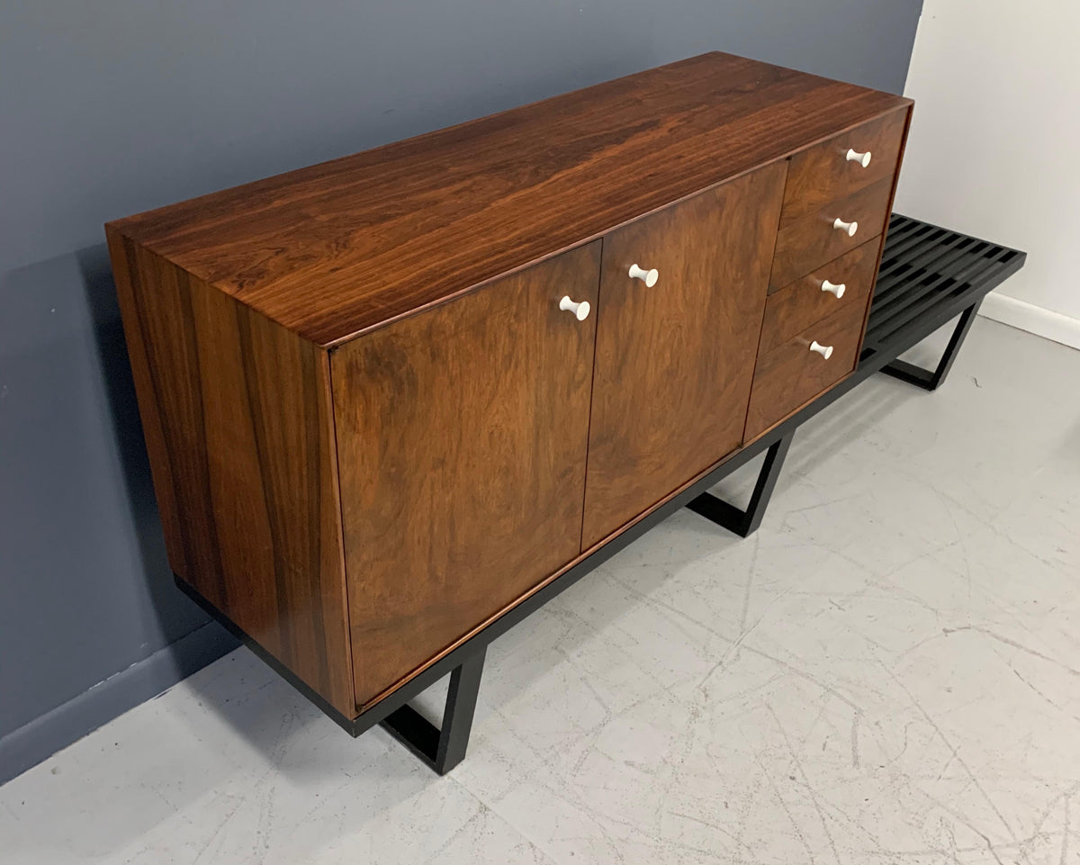 SOLD – George Nelson Rosewood Thin Edge Cabinet on Original Slat Bench Mid-Century