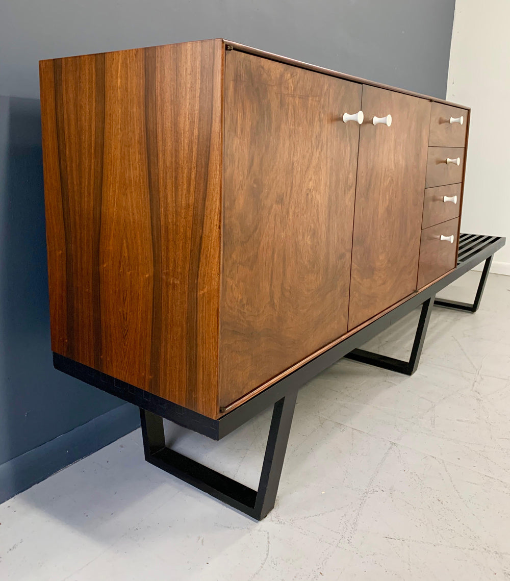SOLD – George Nelson Rosewood Thin Edge Cabinet on Original Slat Bench Mid-Century